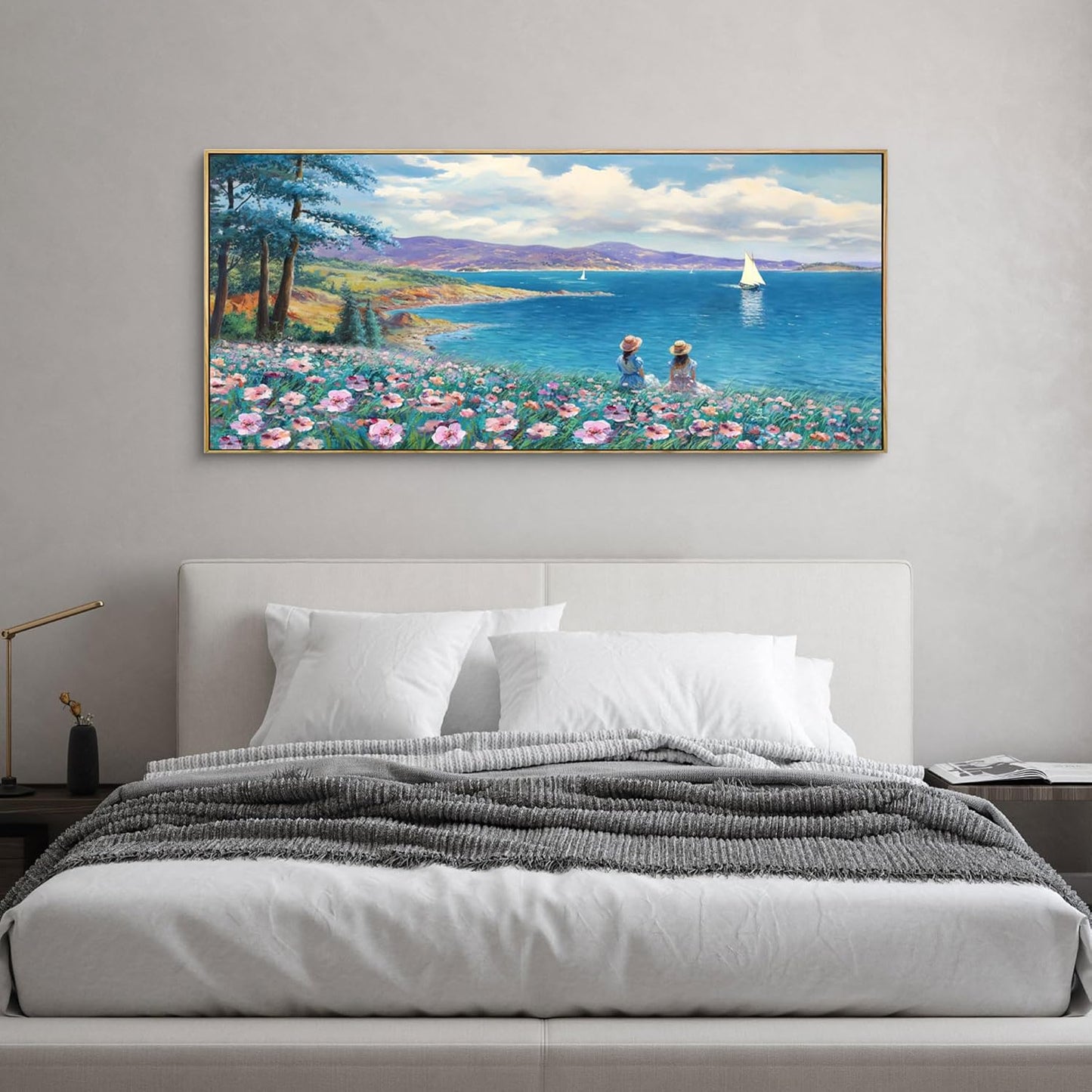 XLSJERST Large Landscape Wall Art - Blue Ocean Pink Flower Sailboat Mountain Tree Wall Decor Orange Frame Artwork for Wall Large Picture for Living Room Bedroom Home Office Decoration Size 29x58