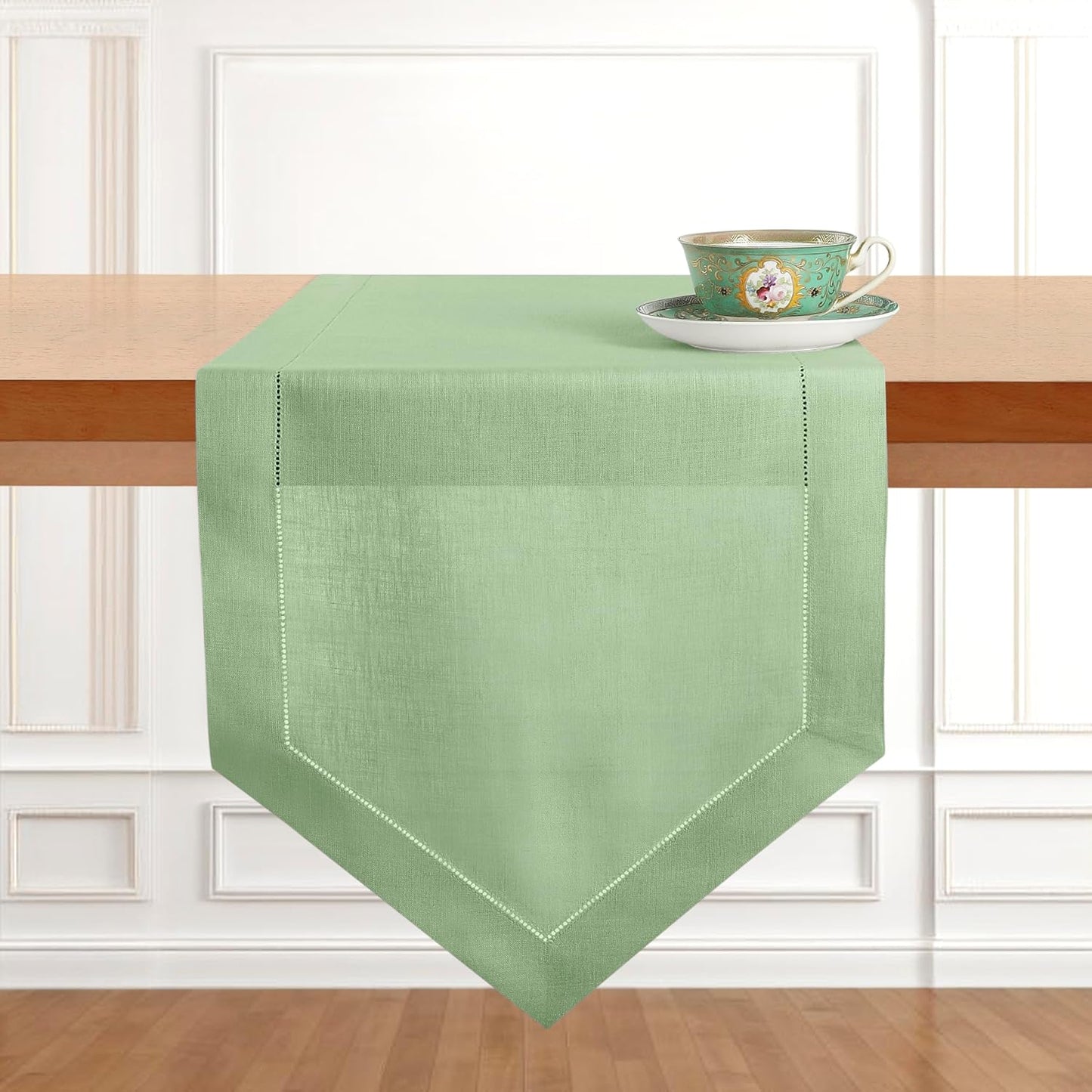 D'Moksha Homes Sage Green Linen Table Runner 120 Inches Long - 100% Pure Linen Diamond Table Runner 14 x 120 Inch for Dining, Fall and Halloween - Machine Washable