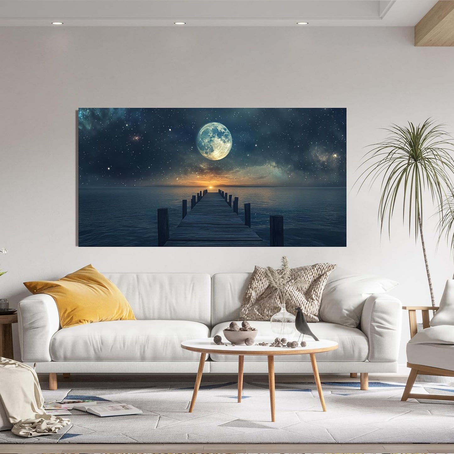 Canvas Wall Art Decor Artwork for Walls Large Wall Art Pictures for Living Room Landscape Coastal Wall Art Natural Blue Wall Decor Art Prints Star Moon Art Work for Home Office Wall Decor 24" x 48"