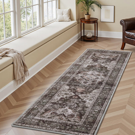 AMOAMI-2X6 Runner Rug-Washable Runners for Hallways-Soft Non Slip Bedside Rugs for Bedroom-Vintage Long Rug for Hallways Entryway Laundry Room Stair Kitchen Bathroom Brick/Brown