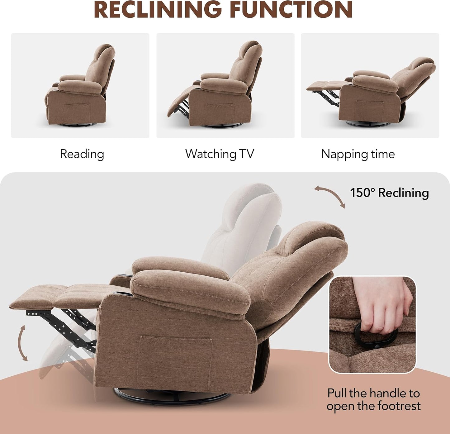 Swivel Rocker Recliner Chair with Heat and Massage, 360 Degree Swivel Rocking Single Sofa with Cup Holders and USB Port, Big Oversized Recliner Chair for Living Room (Fabric, Brown)