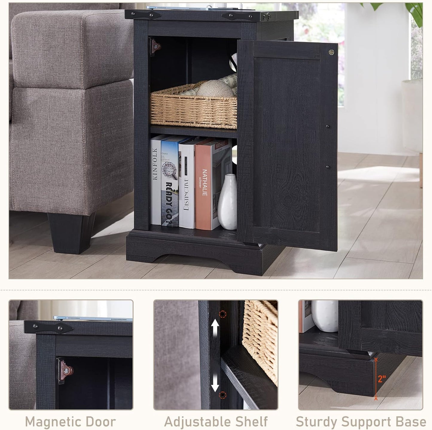 JXQTLINGMU Farmhouse Nightstand Set of 2 with Charging Station, 17" D Rectangular End Table with Barn Door & Adjustable Storage Shelf, Wood Rustic Sofa Side Table for Living Room, Bedroom, Black