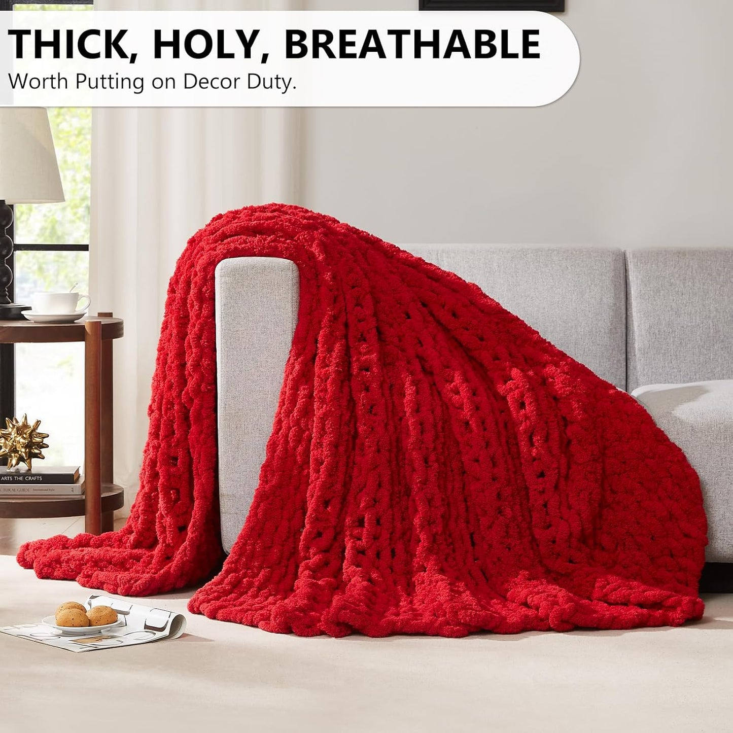 L'AGRATY Chunky Knit Blanket Throw - Soft Chunky Throw Blanket 40x50: 100% Hand Kintted Chenile Crochet Blanket Large Cable Knit Chunky Blanket - Rope Knot Throw Blanket for Couch Home Decor(Red)