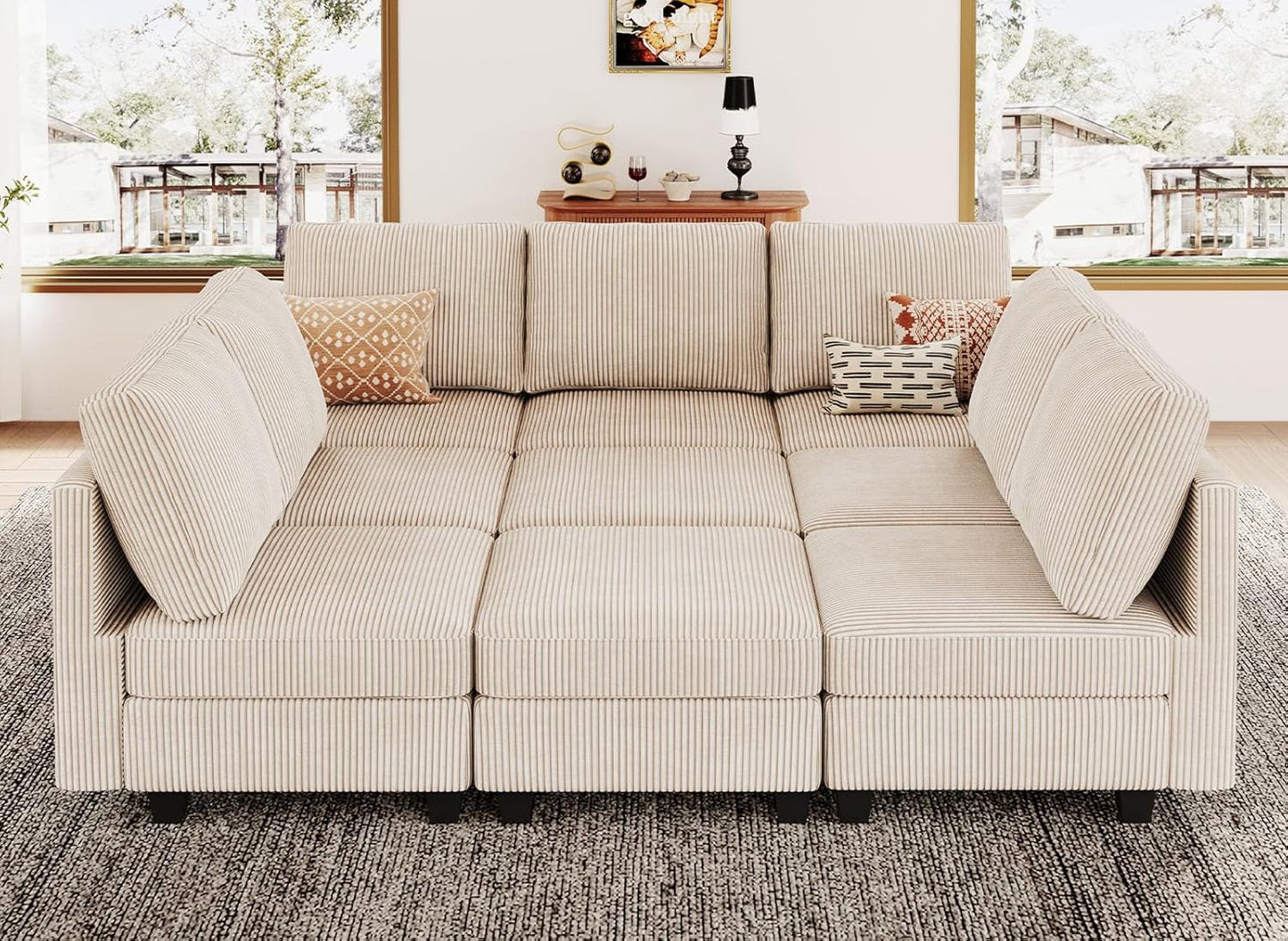 Belffin Corduroy Modular Sectional Sofa 9 Seat Convertible Sectional Sleeper Sofa Bed with Storage Ottomans Modular Sectional Couch Bed for Living Room Beige