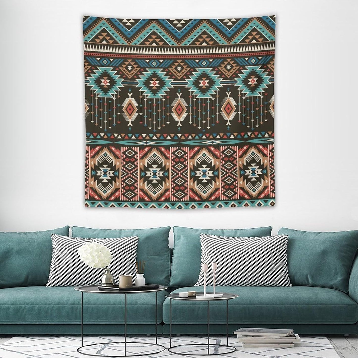 HZOHNAGO Aztec Tapestry Turquoise Blue and Brown and Native American Tribal Pattern Printed Wall Tapestry Wall Hanging for Bedroom Living Room Dorm 60" W x 60" H