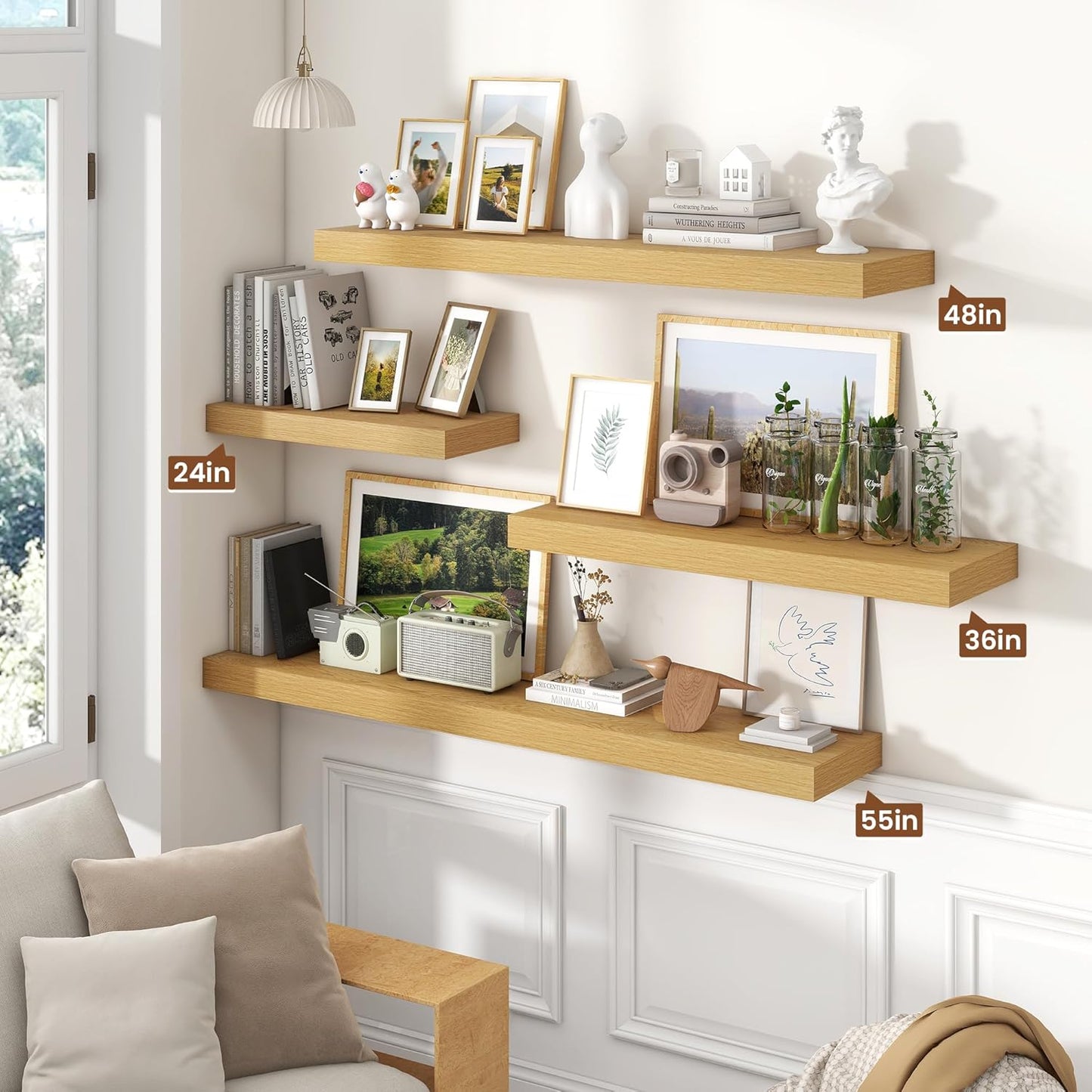 Heimlove 36 Inch Floating Shelves for Wall Set of 2,Oak Wall Shelves for Storage & Decor - Heavy Duty with Invisible Brackets,Perfect for Living Room,Bedroom,Home Office