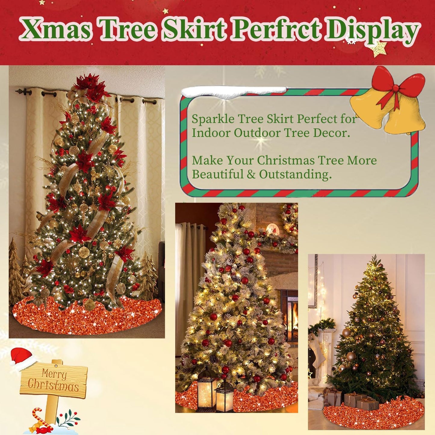 36 Inch Christmas Tree Skirt Sequin Burnt Orange Xmas Tree Skirt Halloween Christmas Tree Skirts Shimmer Tree Skirts Christmas Decoration Sparkle Tree Base Cover for Christmas Halloween Party Decor