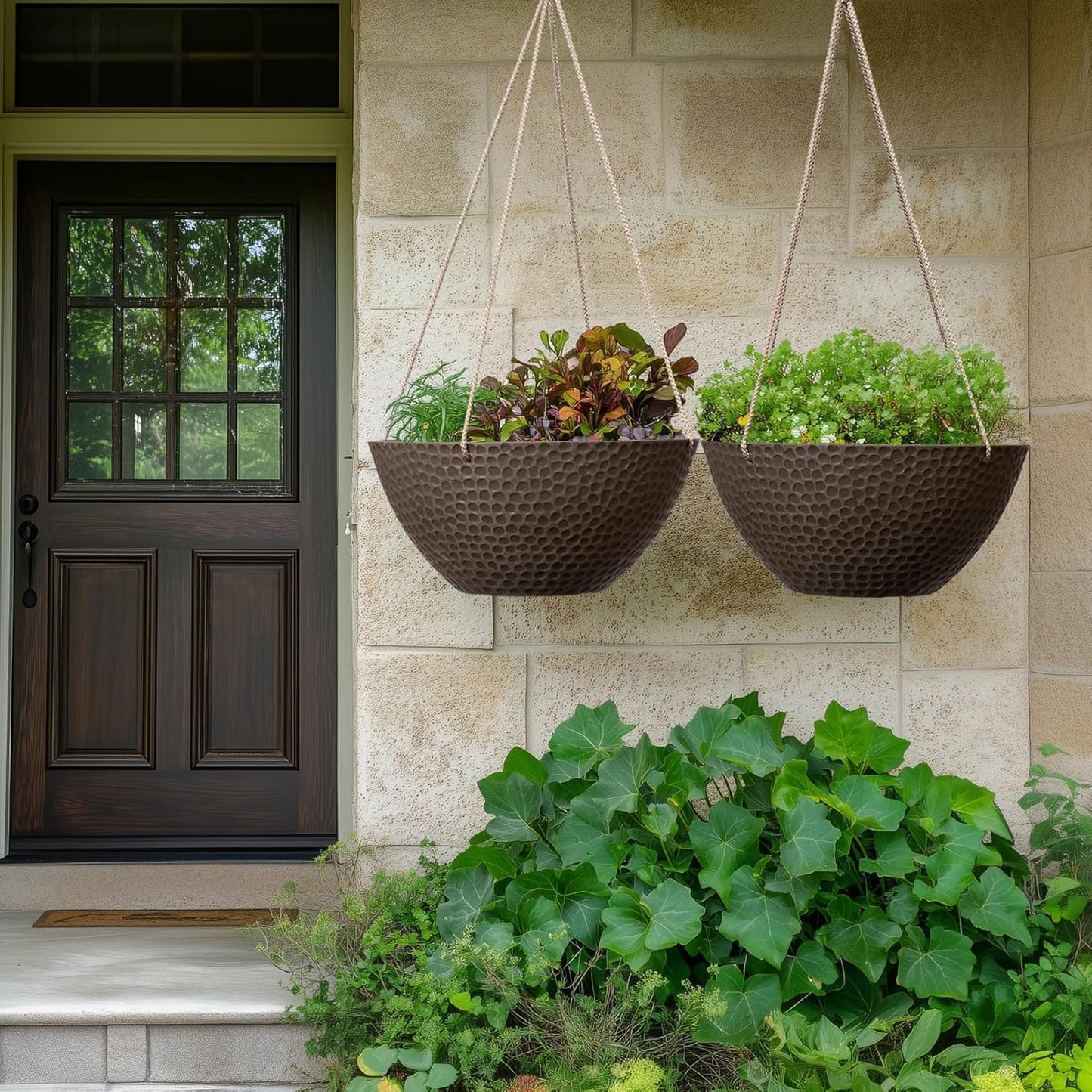 LA JOLIE MUSE Hanging Planters for Outdoor Plants, Large Outdoor Hanging Planters with Drain Holes Ash Brown, Honeycomb (13.2 Inch, Set of 2)
