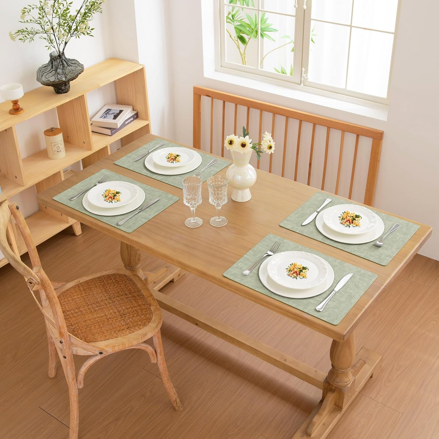 FROMHEART Faux Leather Placemats Set of 8–Waterproof,Heat/Oil Stain-Resistant PU Table Mat–Reversible,Non-Slip,Easy to Clean Place Mats for Kitchen,Dining,Indoor/Outdoor,(Light Green,11.8" x 17")