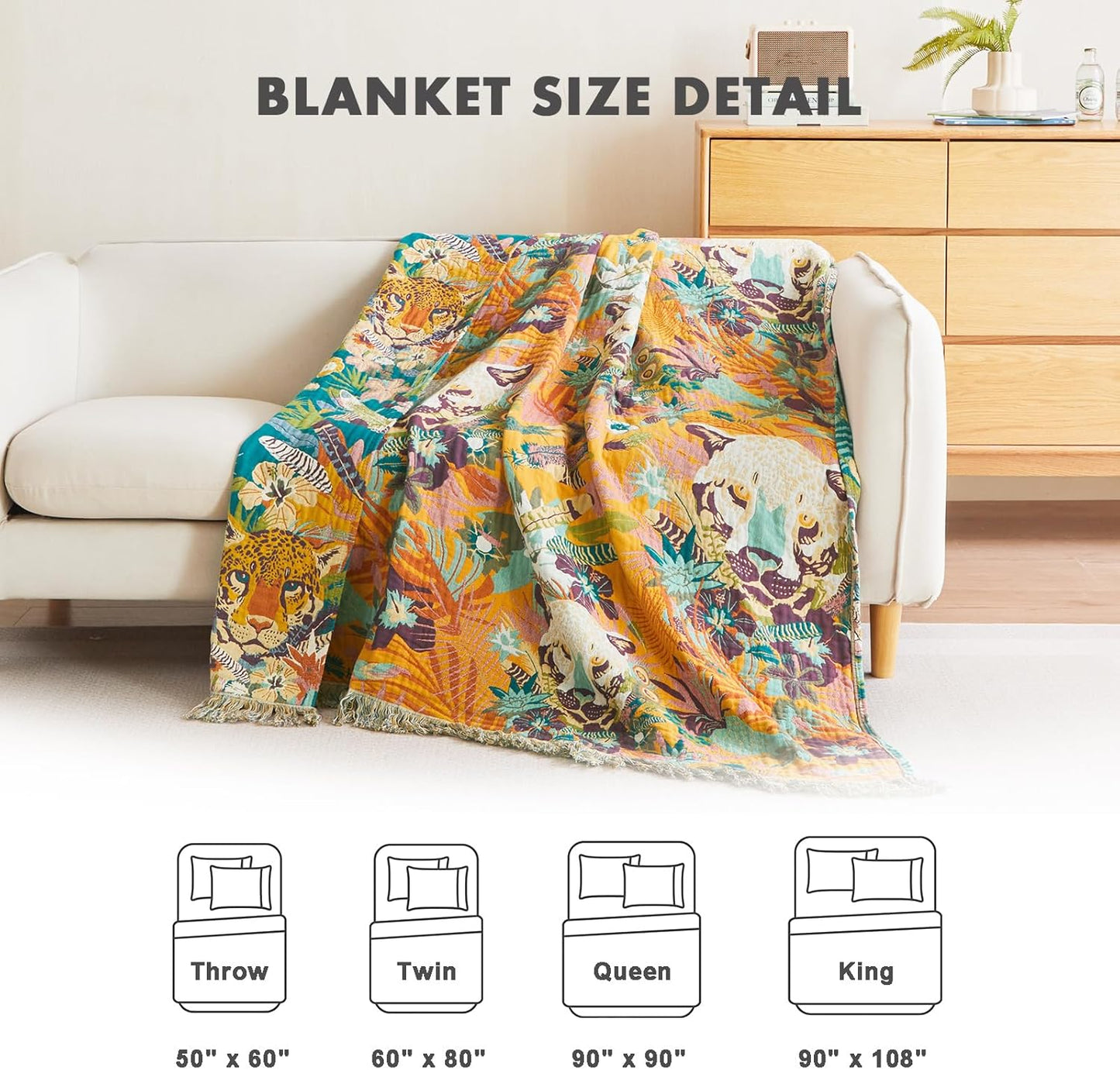 MSGKV Throw Blanket for Couch Bed Cotton Muslin Breathable Leopard Animals Twin Size Blanket 60"x80" for All Seasons Lightweight Farmhouse Blankets