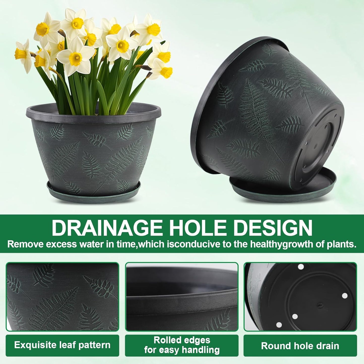 11 inch Plant Pot Set of 3, Plastic Flower Pots with Drainage Hole & Tray, Decorative Round Planters for Indoor Plants, Modern Outdoor Home Flowers Plants Garden Pots (Green)