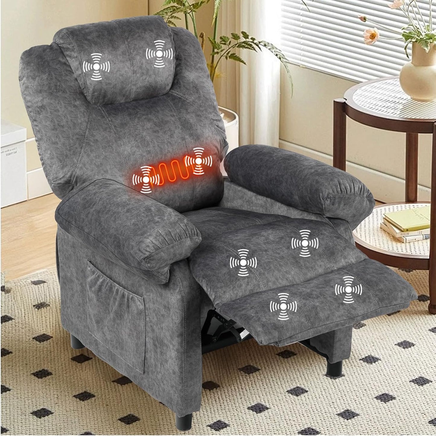 KCREAM Massage Recliner Chair with Heating,Overstuffed Fabric Reclining Chairs for Living Room,Small Recliner Manual Reclining Single Sofa Recliners Lounge Chair,Grey
