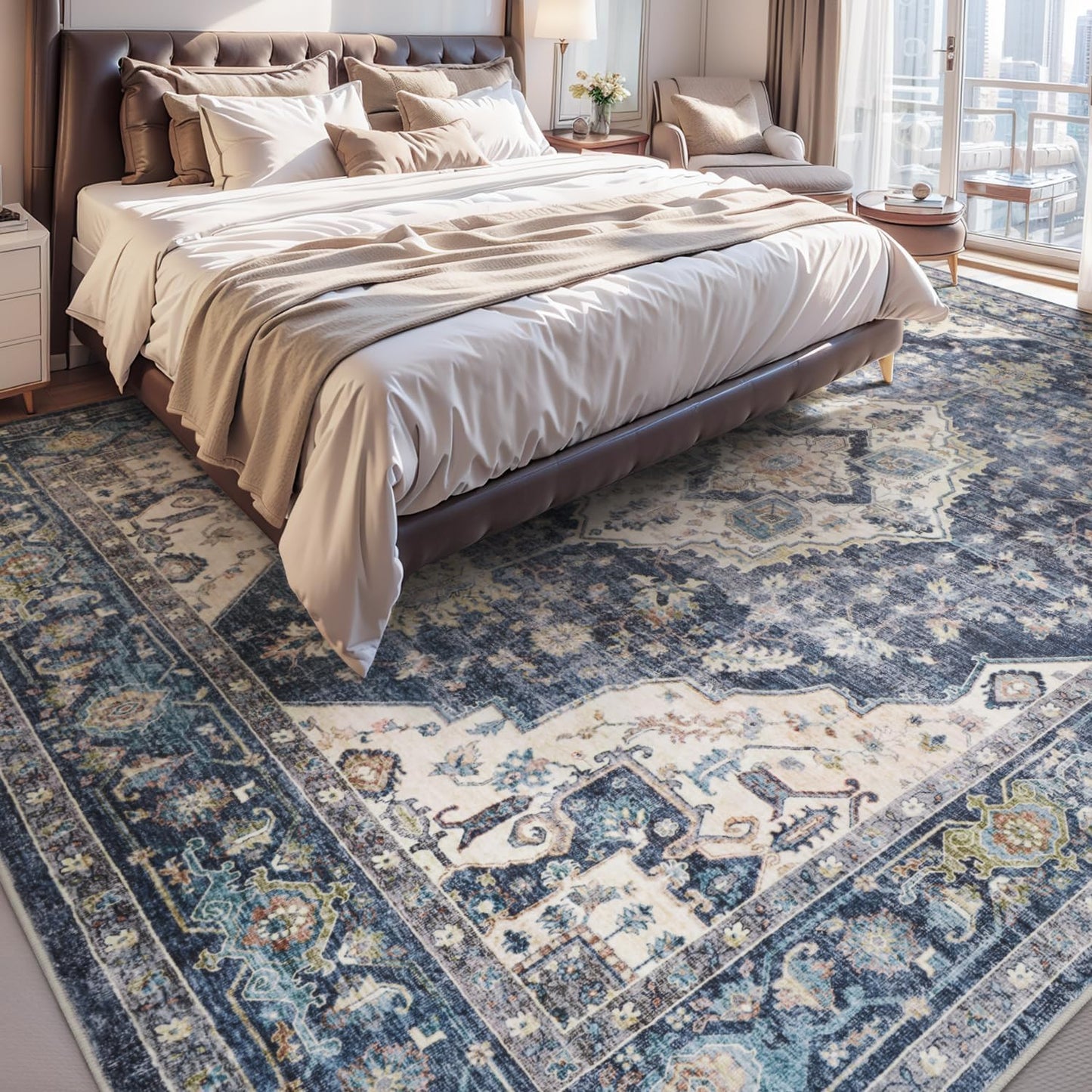 AMOAMI-Area Rug 5X7 Rugs for Living Room-Vintage Soft Blue Rugs for Bedroom-Non Slip Carpet-Machine Washable Rug for Dining Room Living Room Bedroom Office Under Table