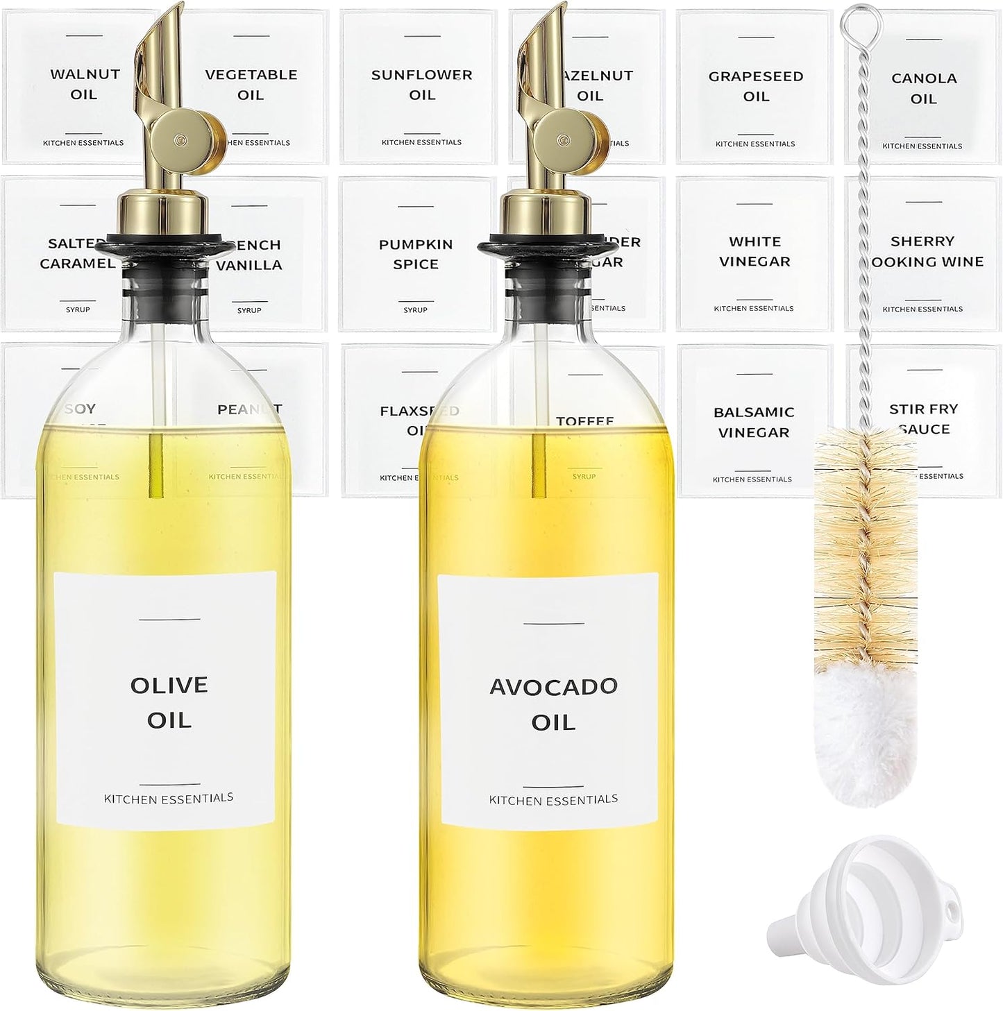 Olive Oil Dispenser Bottle - Includes 55 Kitchen Essential Labels - Cooking Oil Bottles for Kitchen, Coffee Syrup Dispenser - Pourer Spout with 16.9 fl oz Glass Container Cruet - 2pcs, Gold