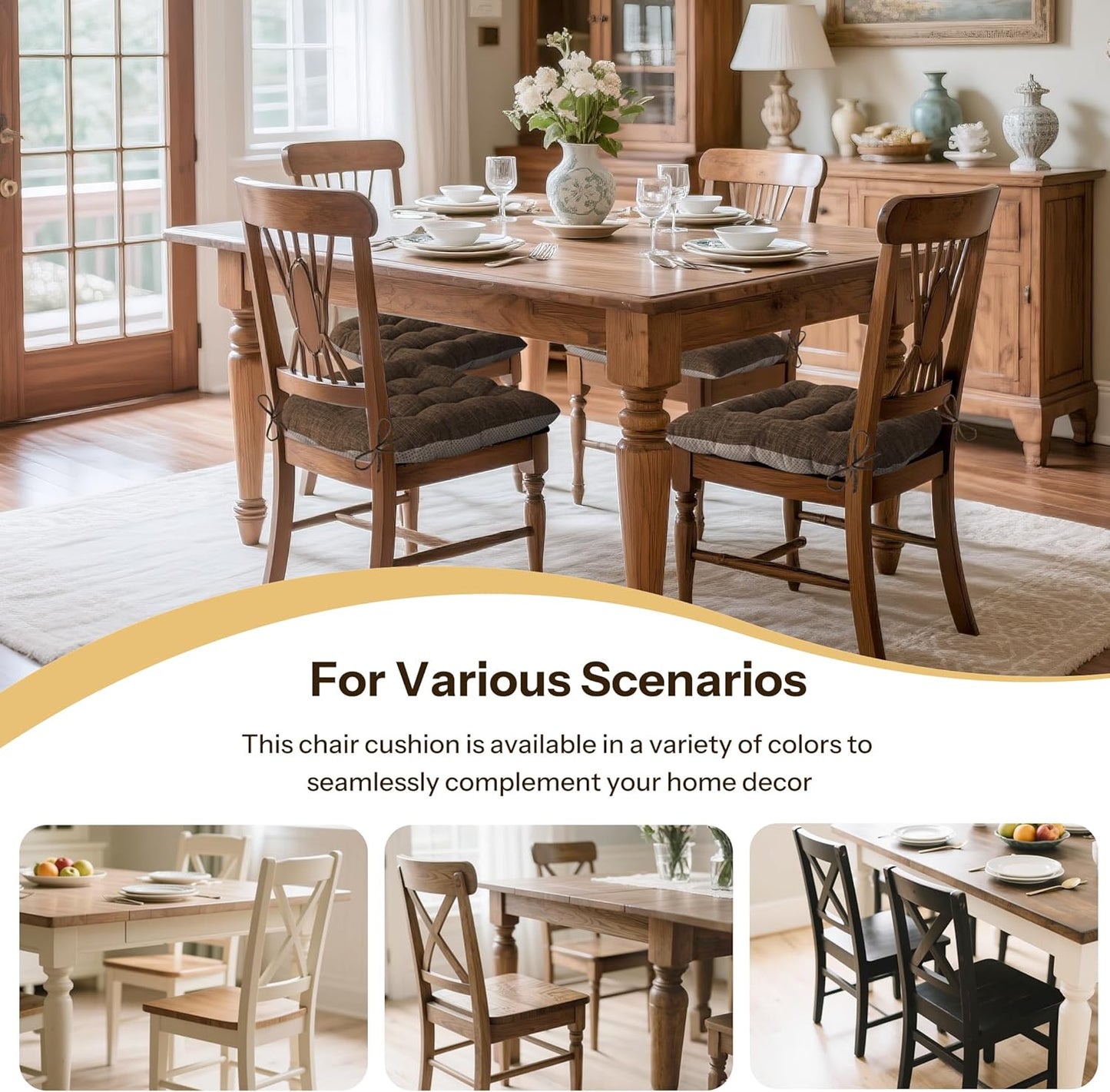 Non Slip Chair Cushions for Dining Chairs Set of 4 Kitchen Chair Cushions 18"x18"x3" Turfted Chair Pads Comfortable and Soft Seat Cushion with Ties, Coffee