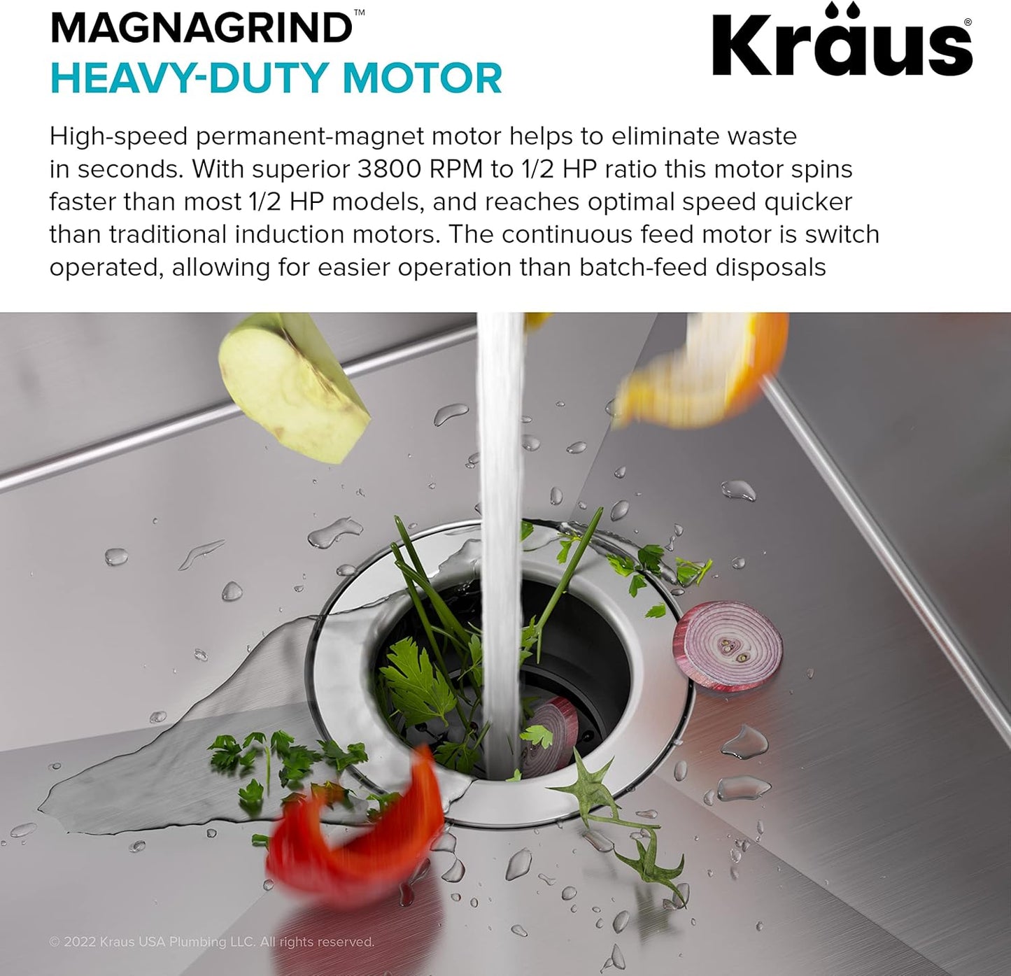 KRAUS WasteGuard 1/2 HP Continuous Feed Ultra-Quiet Motor Garbage Disposal with Quick Connect Mount, Power Cord and Flange Included, KWD110-50MBL