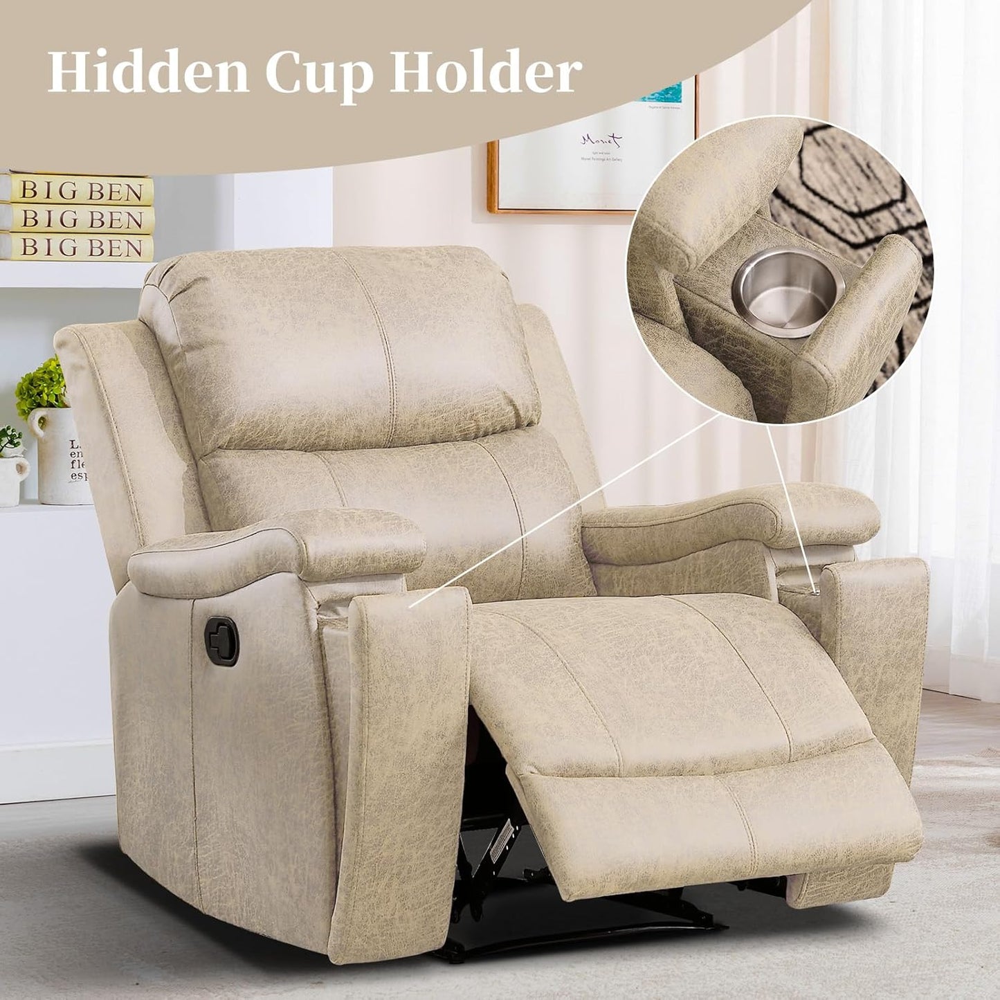 EBELLO Recliner Chair, Single Overstuffed Sofa Recliner, Breathable Faux Leather Manual Reclining Chairs with Hidden Cup Holder, Arm and Back for Adults, Living Room, Bedroom, Beige