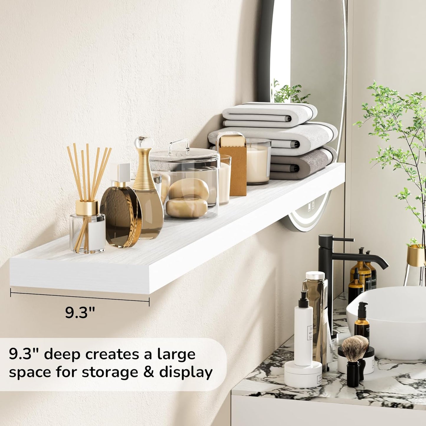 Fun Memories 55 Inch Floating Shelves - 9 Inch Deep Rustic Wooden Wall Shelves - Extra Deeper & Thicker Wall Mounted Storage Shelf for Living Room, Kitchen, Farmhouse - 55" W x 9" D x 1.8" H - White