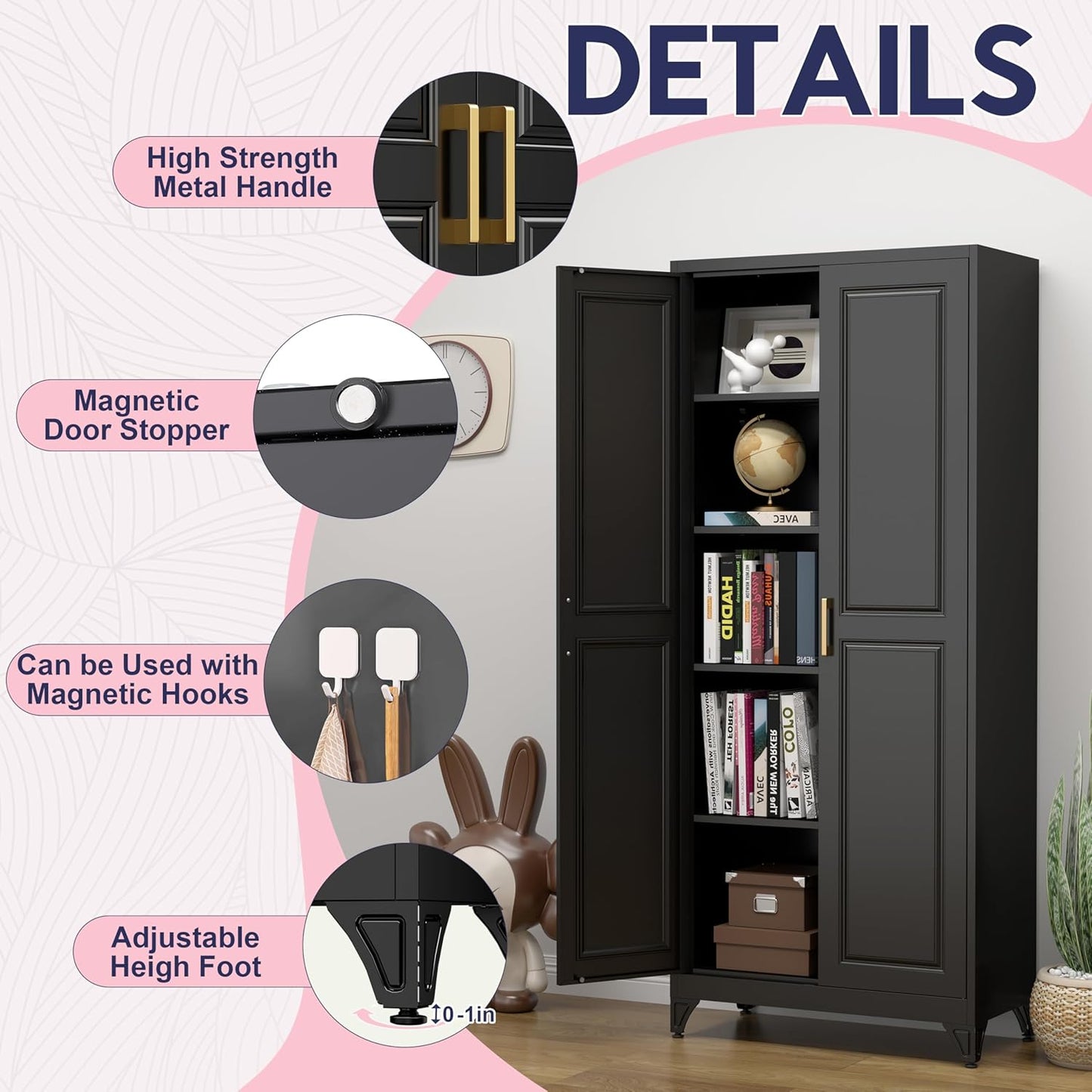 75" Storage Cabinet, Metal Pantry Cabinet, Kitchen Pantry Storage Cabinets with Doors and 4 Shelves, Cabinets for Laundry Room, Living Room, Dinning Room, Assembly Required, Black