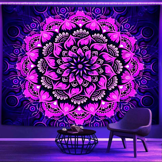 Blacklight Mandala Tapestry Wall Hanging, Psychedelic Flower Black Light Posters for Adults and Teens, UV Reactive Aesthetic Bohemian Art for Bedroom (60 x 50 Inches)