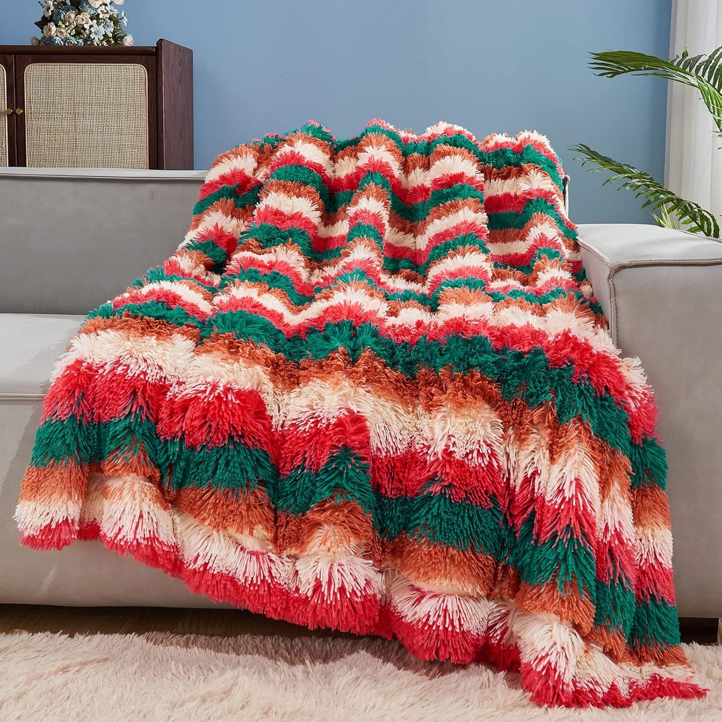 GONAAP Fuzzy Faux Fur Throw Blanket Stripe Red Brown Super Soft Cozy Plush Fuzzy Shaggy Blanket for Couch Sofa Bed (Stripe Red Brown, Throw(50"x60"))
