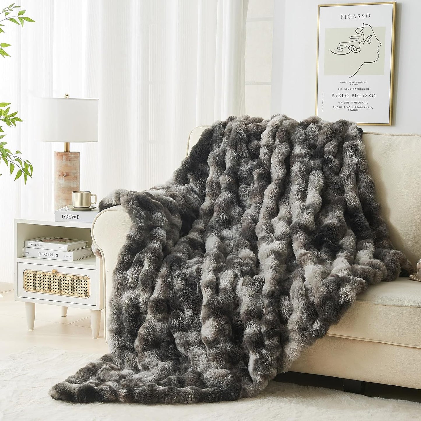 Lotus Karen Faux Fur Blanket Tie-Dye Dark Gray Twin Size - Big Bubble Rabbit Fluff Throw for Couch Small Fluffy Fuzzy Cozy Thick Furry Plush Shaggy Blankets 108x90 Inches