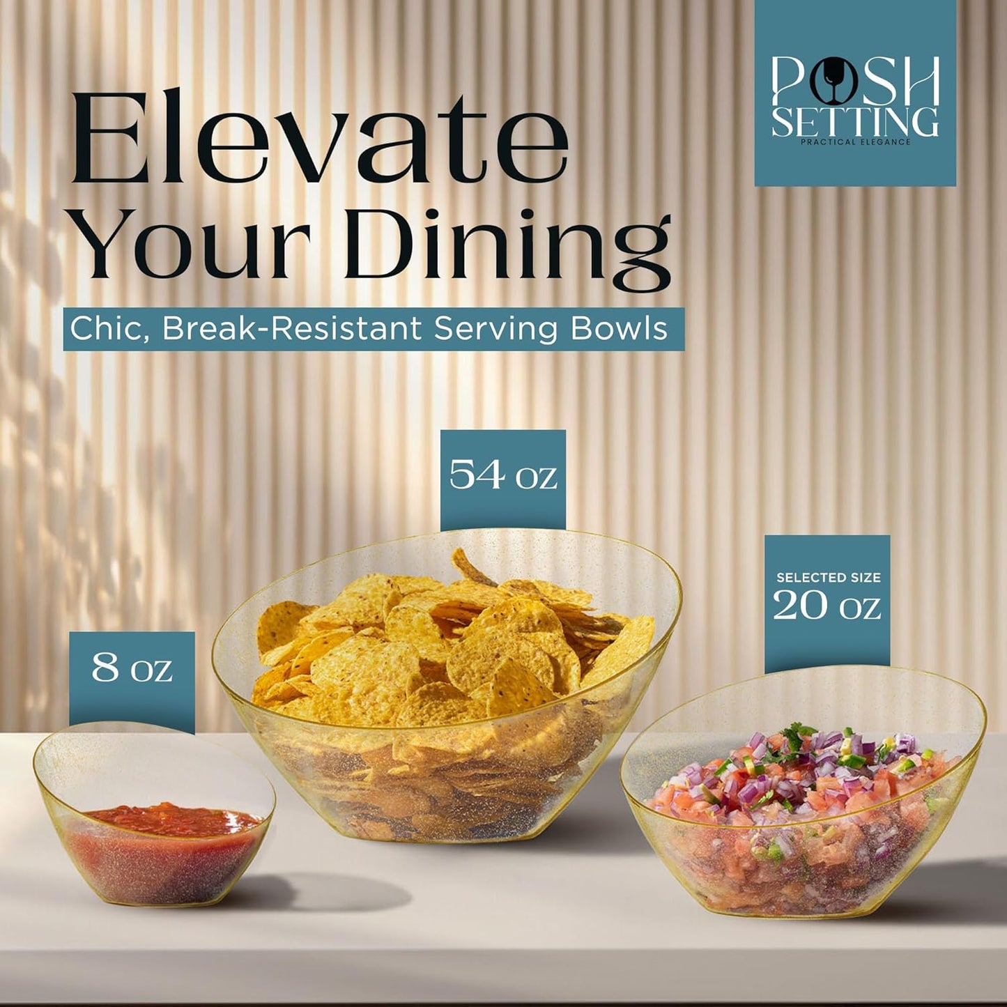 Posh Setting Gold Plastic Serving Bowls - Angled, Disposable for Chips, Candy, Salad, Fruit - Wedding Party Table - Gold Glitter, 20 OZ, 5 Pack