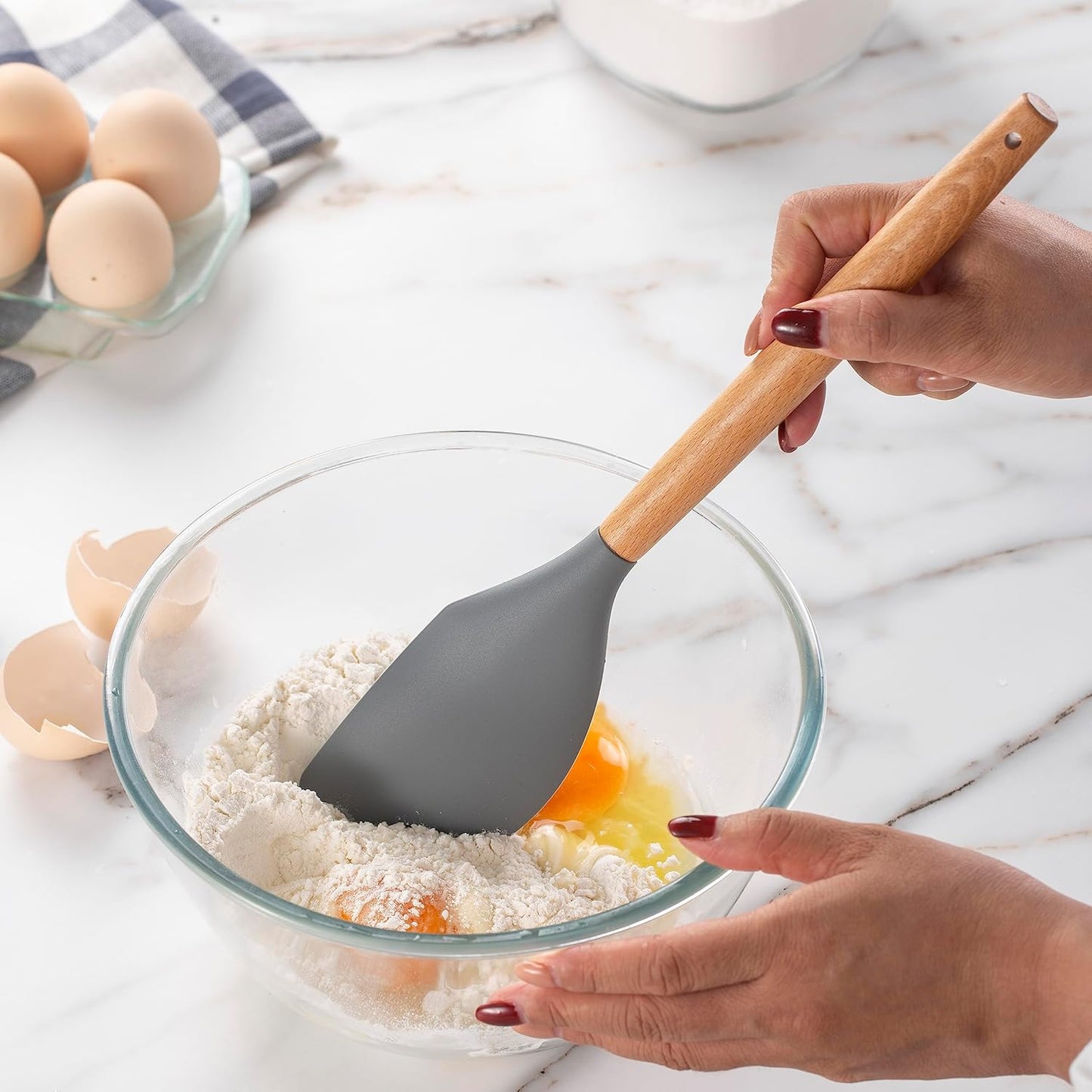 Country Kitchen Non Stick Silicone Utensil Set with Rounded Wood Handles for Cooking and Baking, 14 Piece Set, Gray