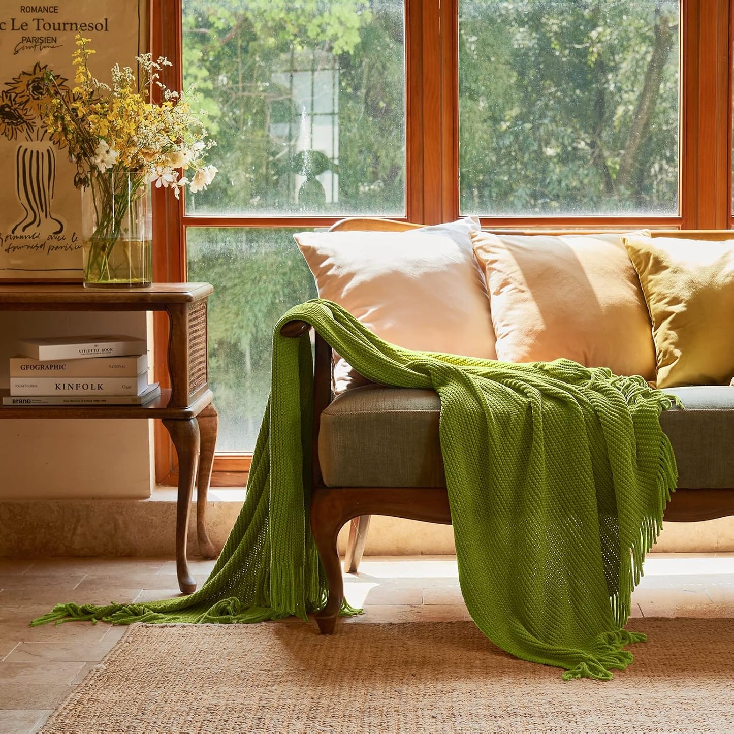 lifein Throw Blanket for Couch, Soft Green Boho Decor Bed Throw,Cozy Knitted Chenille Small Farmhouse Lightweight Throw for Spring(Green,50 * 60")