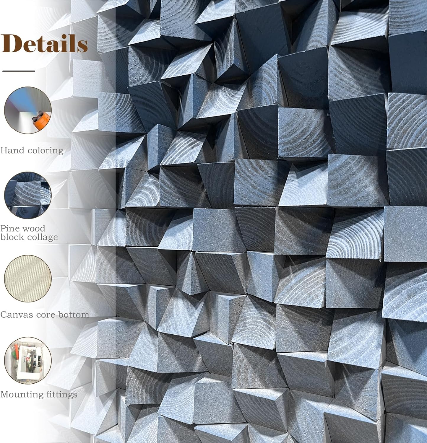 LIUZEYUE - 3D wooden block decoration painting art wall decoration 3D wooden background wall living room bedroom study (blue gray gradient) 27.5"x55.1"