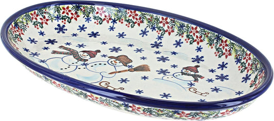 Blue Rose Polish Pottery Snowflake Friends Oval Platter