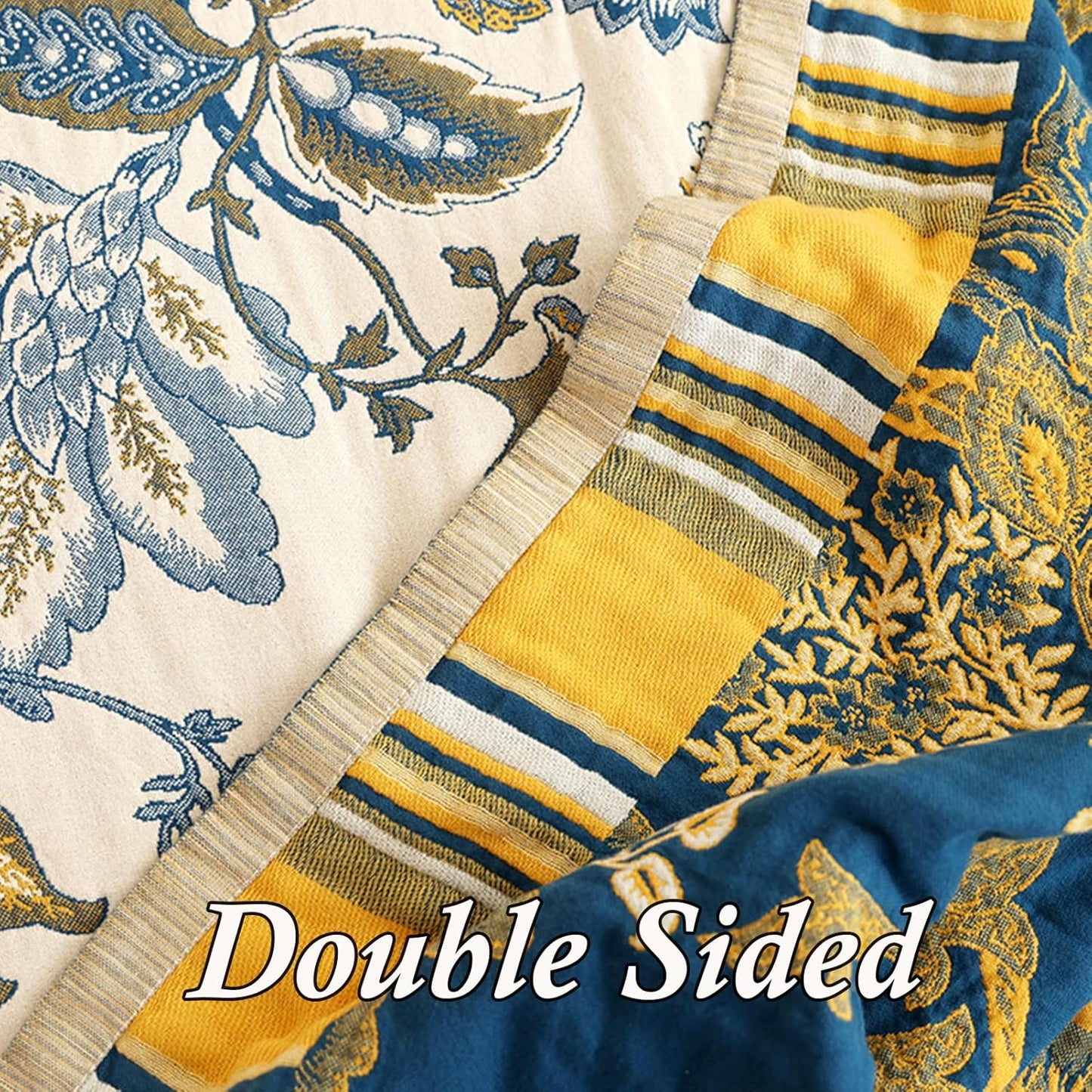 Snycler Boho Throw Blanket for Bed - 100% Cotton Ultra Soft Rustic Quilt - White Blue Floral Printed Farmhouse Decor Bed Blankets, 80"×90" All Season Rustic Throw for Sofa Couch Chair