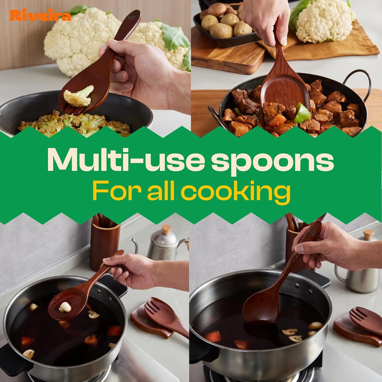 Riveira Set of 6 Premium Brown Bamboo Cooking Utensils - Bamboo Utensils for Cooking - Non-Toxic Kitchen Set - Wooden Kitchen Utensils for Non-Stick Cookware