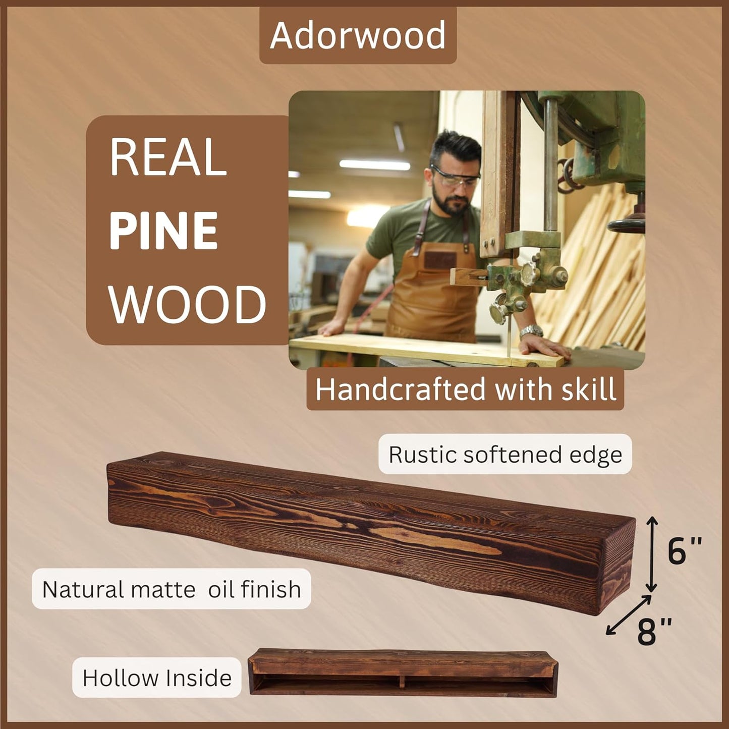 Handmade Fireplace Mantel Shelf, Extra Wide Rustic Wood Mantles for Over Fireplace, Wall Mounted Floating Mantel Shelves for Living Room Decor (Light Walnut, 72 inches)