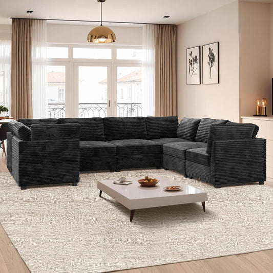 ovios Sectional Sofa Couch with U-Shape Chaise Oversized, Comfy Modular Cloud Couches with Deep Seat, Modern Upholstered Plush Corduroy Sofas Set for Living Room, 7-Seater, Black