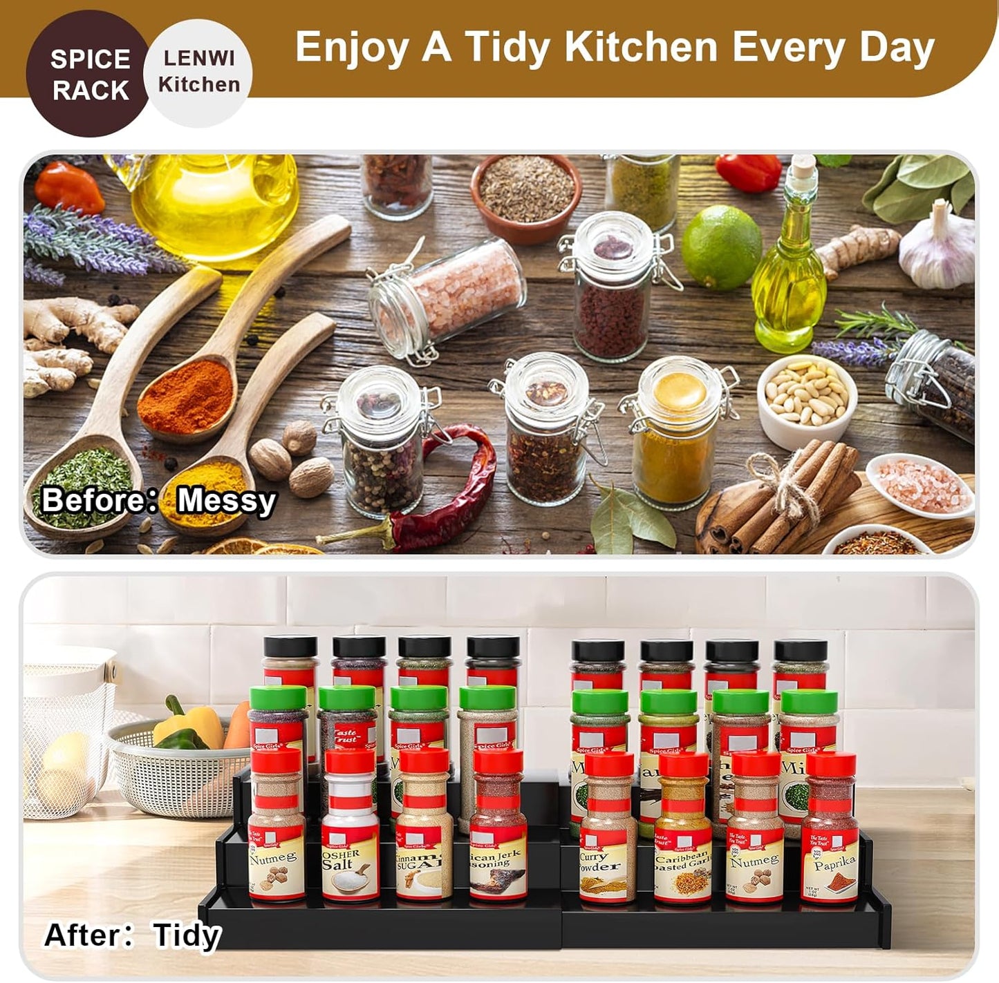 Spice Rack Organizer for Cabinet, 3 Tier Expandable Bamboo Spice Storage, Great for Kitchen Cabinet, Cupboard,Pantry and More(Black)