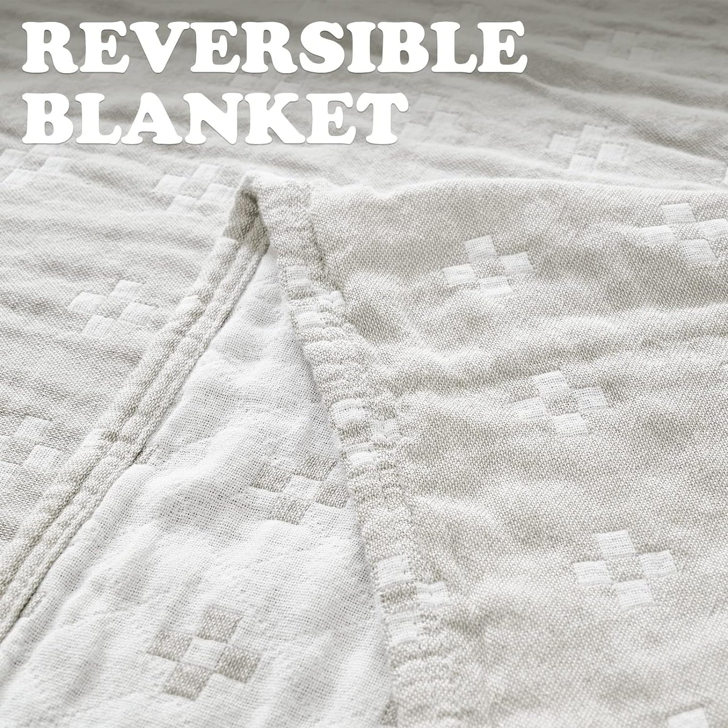 jinchan Boho 100% Cotton Blanket Muslin 50x60 Inches Lightweight 3-Layer Geometric Cross Pattern Reversible Quilt Throw Soft Breathable Comfy All Seasons for Couch Bed Decor, Light Grey