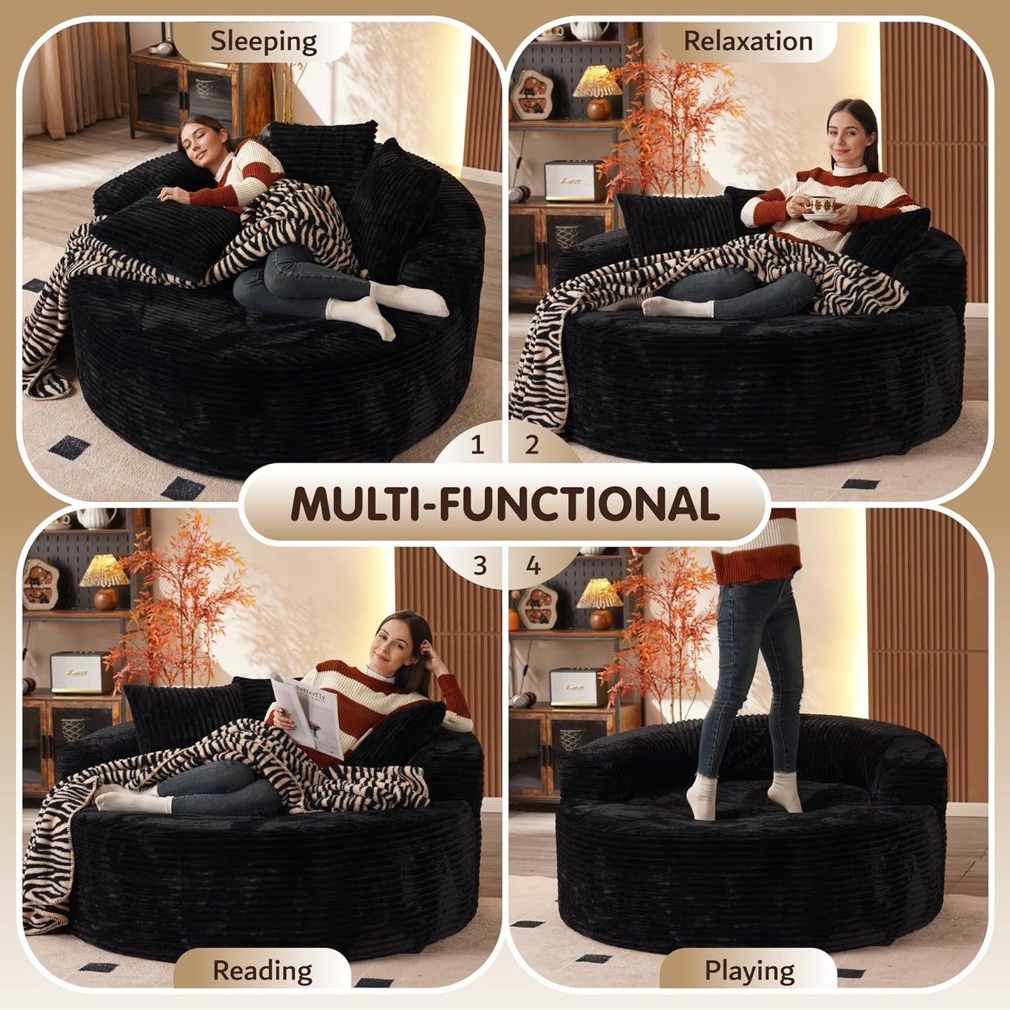 ovios 58" Oversized Round Chair Lounge Chaise Indoor, No Assembly Required, Cloud Large Circle Chair with Plush Fuax Fur, Fluffy Modern Sleeper Sofa Bed for Reading Yoga, Black (Plush Corduroy Fabric)