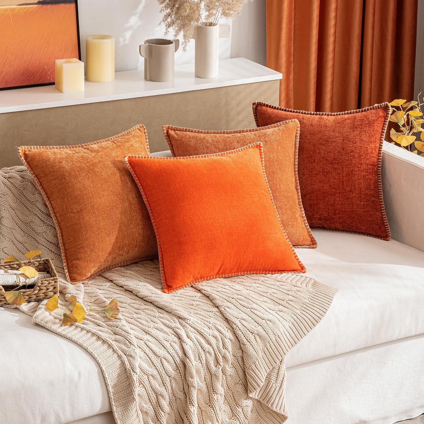 MIULEE Pack of 2 Fall Couch Throw Pillow Covers 18x18 Inch Bright Orange Farmhouse Decorative Pillow Covers with Stitched Edge Soft Chenille Solid Dyed Pillow Covers for Sofa Bed Living Room