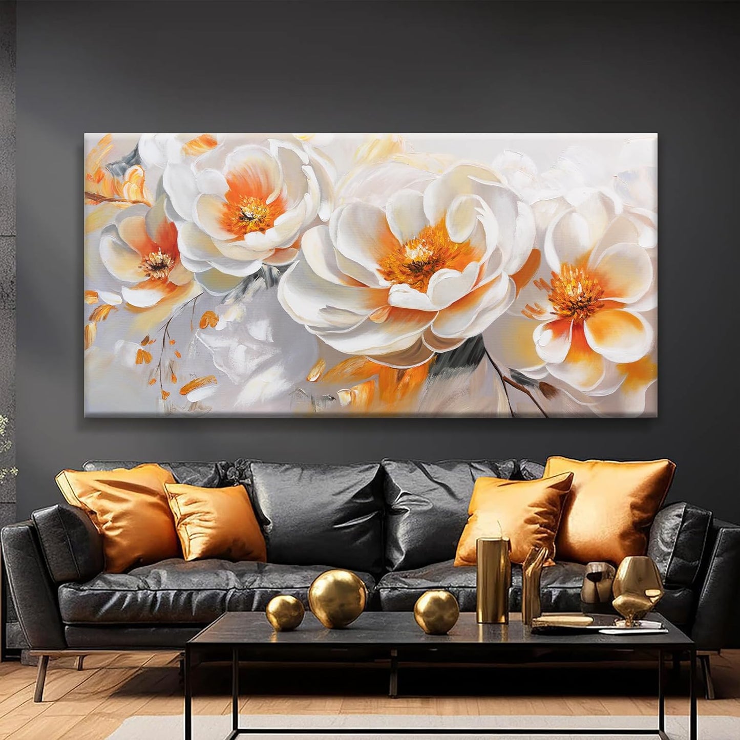 Suconvng Large Wall Art For Living Room Floral Wall Artwork Modern Canvas Art Wall Decor 29" X 58" Painting Orange White Flower Wall Art For Bedroom Home Office Dining Room Home Decoration