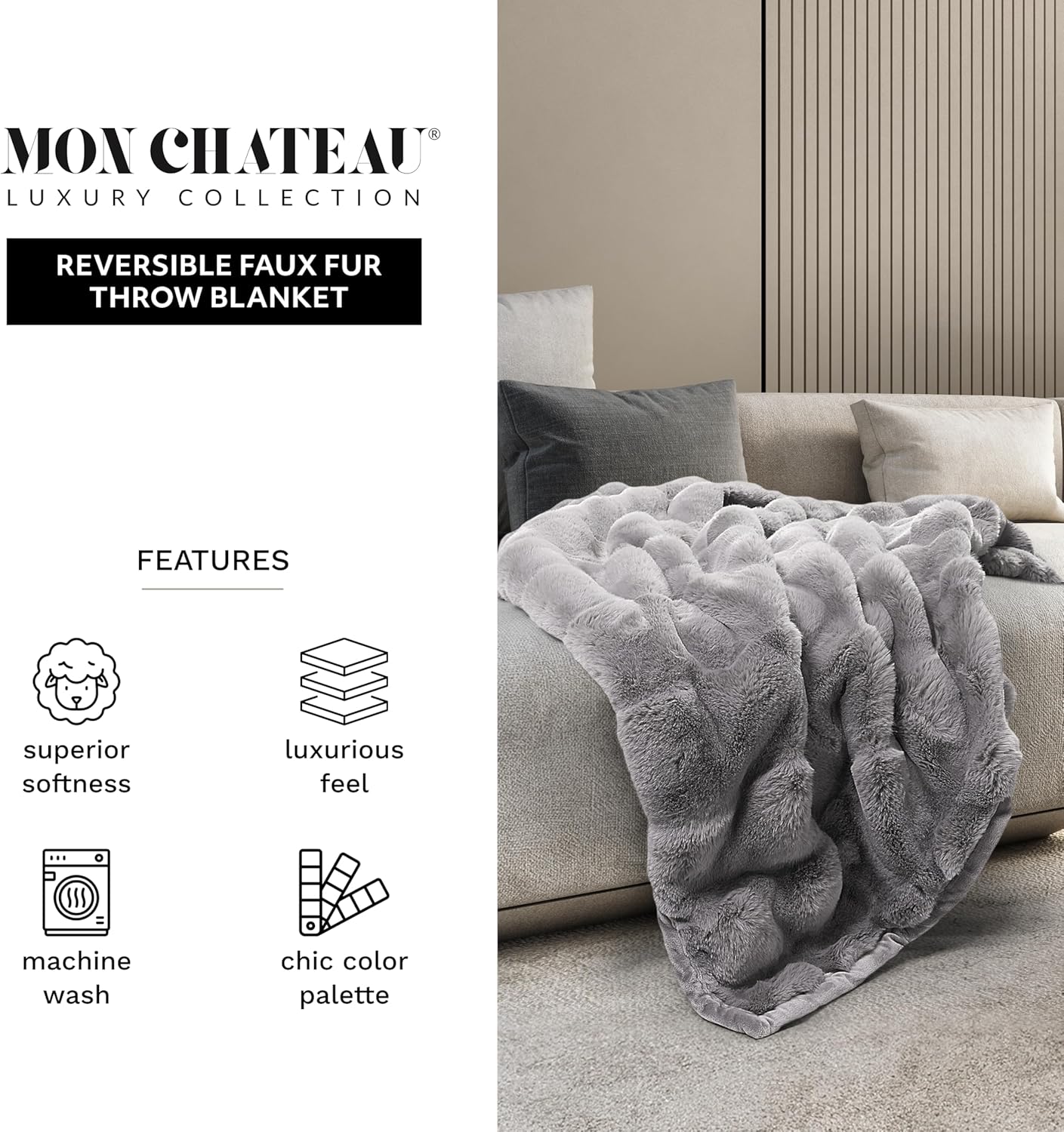 Mon Chateau 60" x 70" Faux Fur Throw Blanket - Reversible Soft Blanket for Queen-Size Bed, Couch, or Sofa, Cozy Home Decor and Stylish Living Room Comfort in Grey
