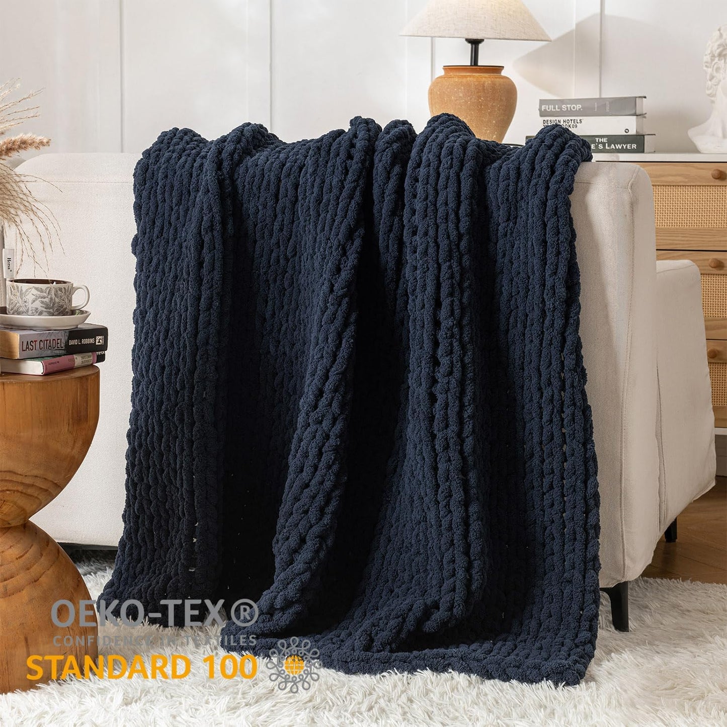 Chunky Knit Blanket Throw, 100% Hand Knit Throw Blanket Handmade Chenille Cable Knit Throw for Couch, Stylish Cozy Soft Rope Knot Crochet Blanket for Home Decor, Navy Blue, 50x60 Inches