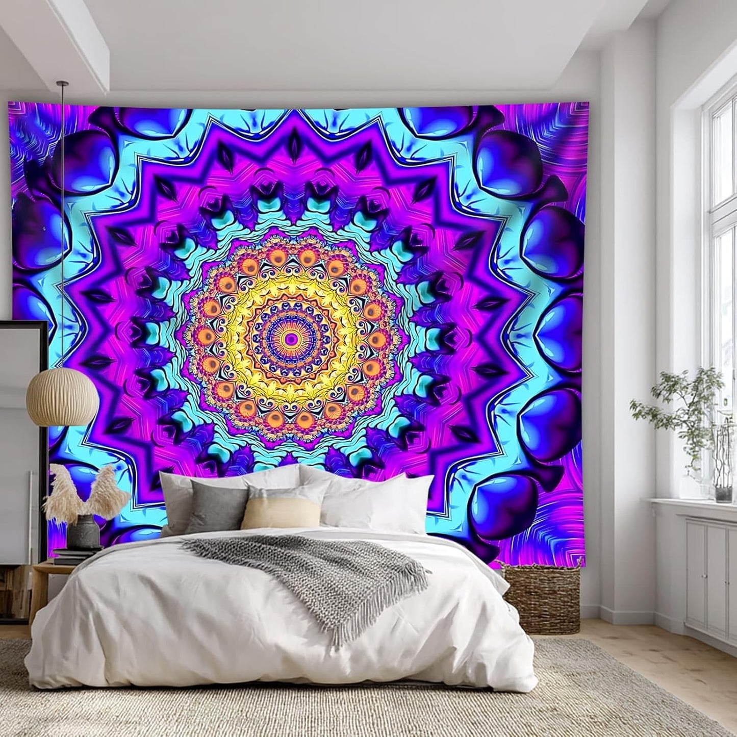 Blacklight Mandala Tapestry for Bedroom, Black Light Posters for Adults and Teens, Colorful UV Reactive Aesthetic Bohemian Wall Art Decor (90 x 70 Inches)