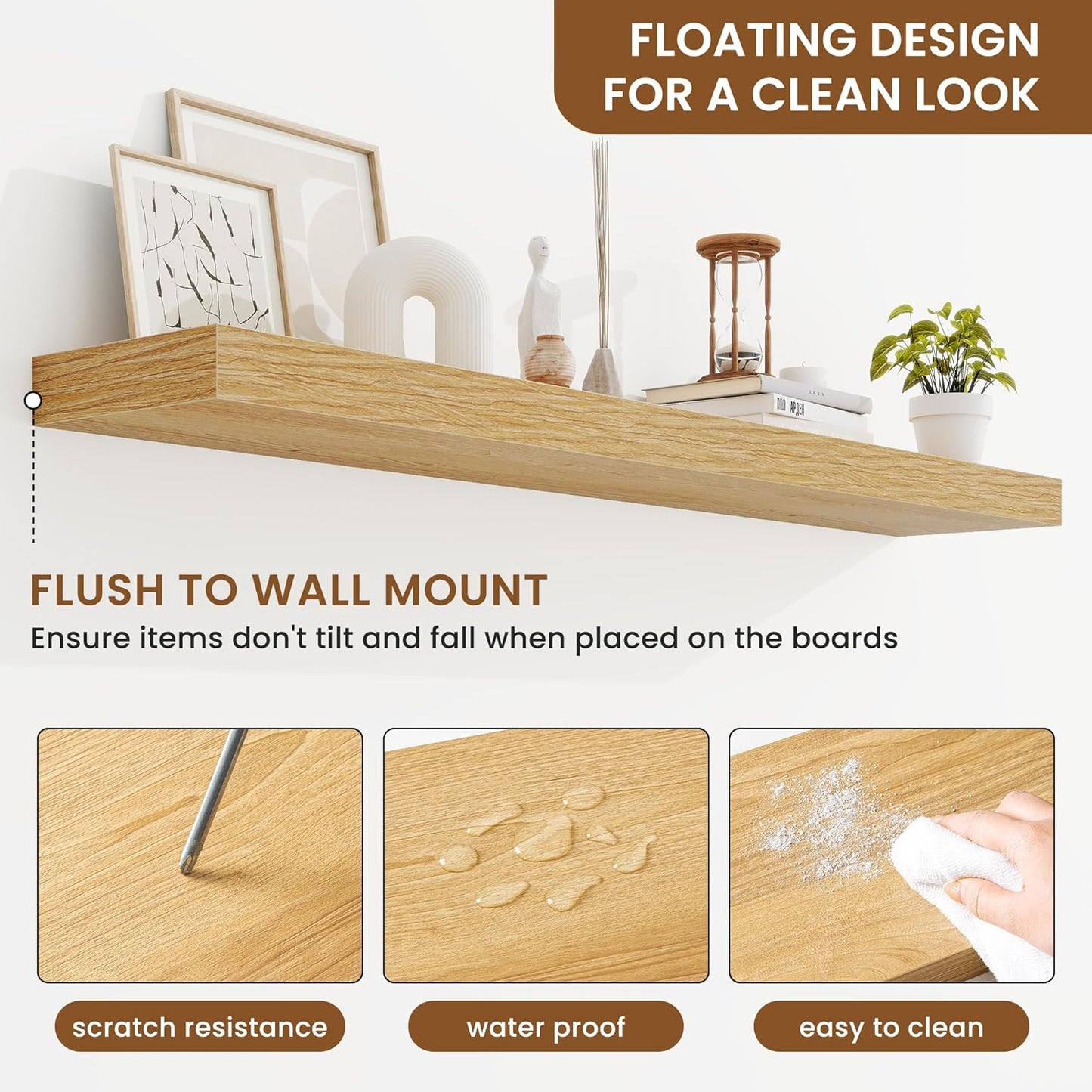 fuqing Floating Shelves for Wall, Bathroom Shelf Wall Mounted for Storage, Shelves with Invisible Bracket for Bedroom, Kitchen, Living Room, Farmhouse Small Book Shelf, 48 Inch Set of 2, Oak