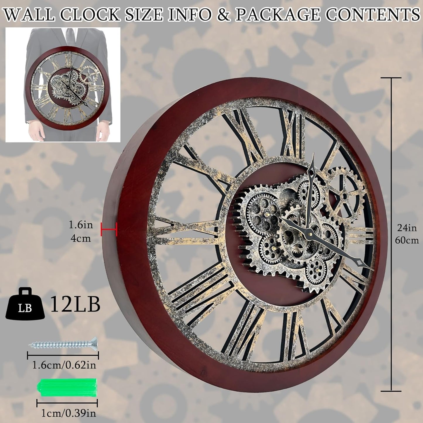 HOIBAI Large Wall Clock, 18 Inch Wall Clocks for Living Room Decor Farmhouse Vintage Rustic Kitchen Wall Decor Vintage Roman Big Oversized Wall Clock for Home Bedroom House Office, Moving Gears Clock