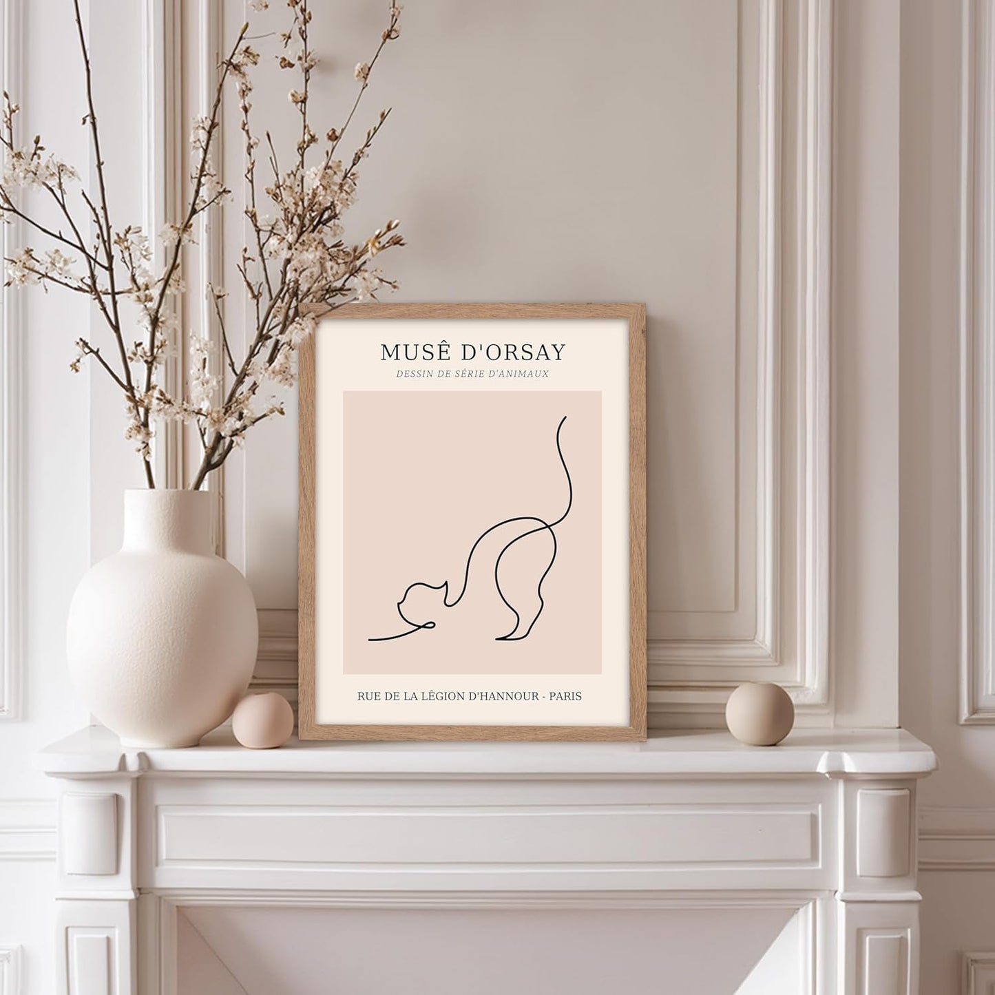 Poster Master Vintage Poster - Retro One Line Cat Drawing Print - Cat Art - Minimal Gift for Men, Women, Animal Lover - Abstract Wall Decor for Home, Office, Bedroom, 11x14 Beige Framed