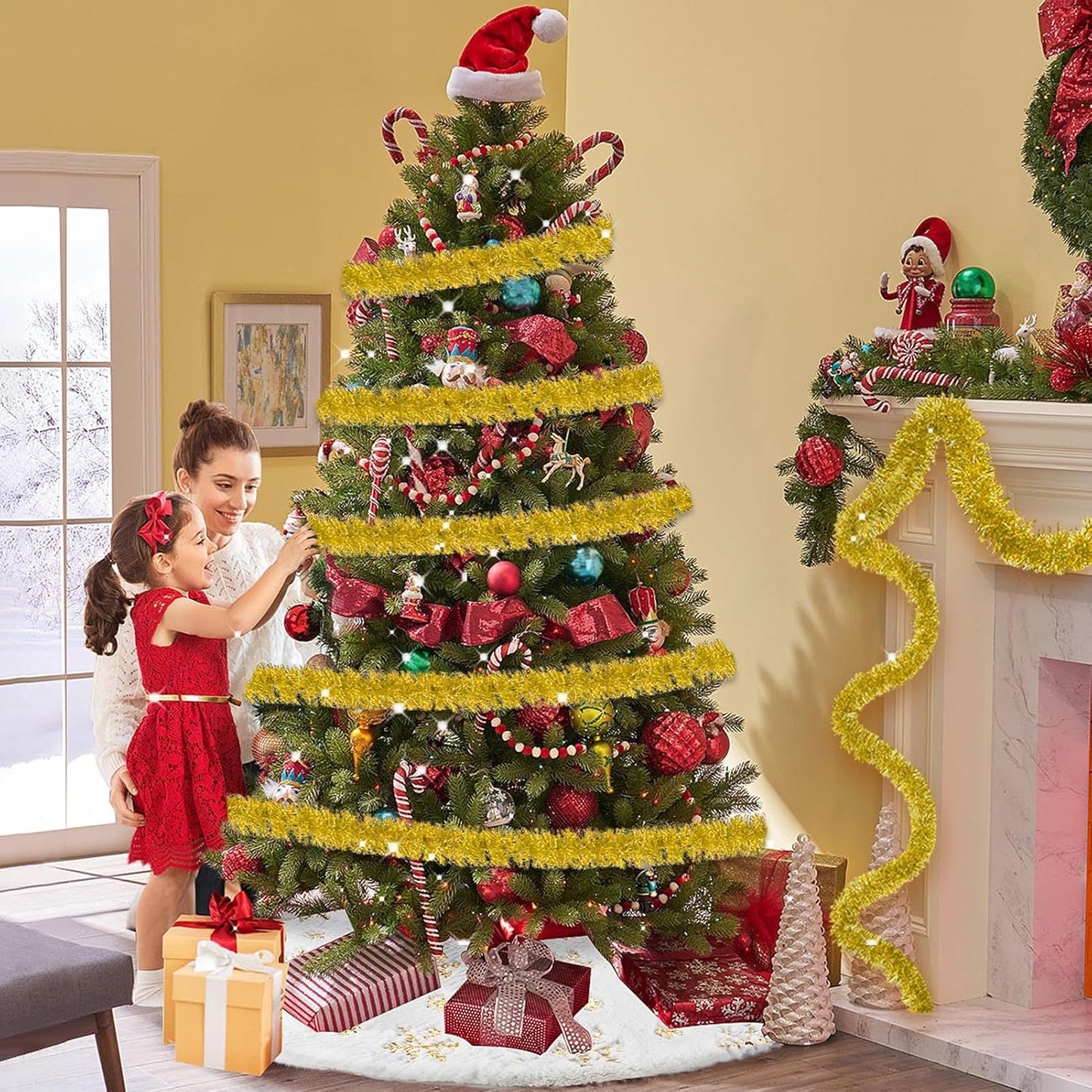 50 Feet Christmas Tinsel Garland, Metallic Twist Wall Hanging Backdrop for Parade Floats, Christmas Eve, New Year Party Decorations (Gold, 2in x 50ft)