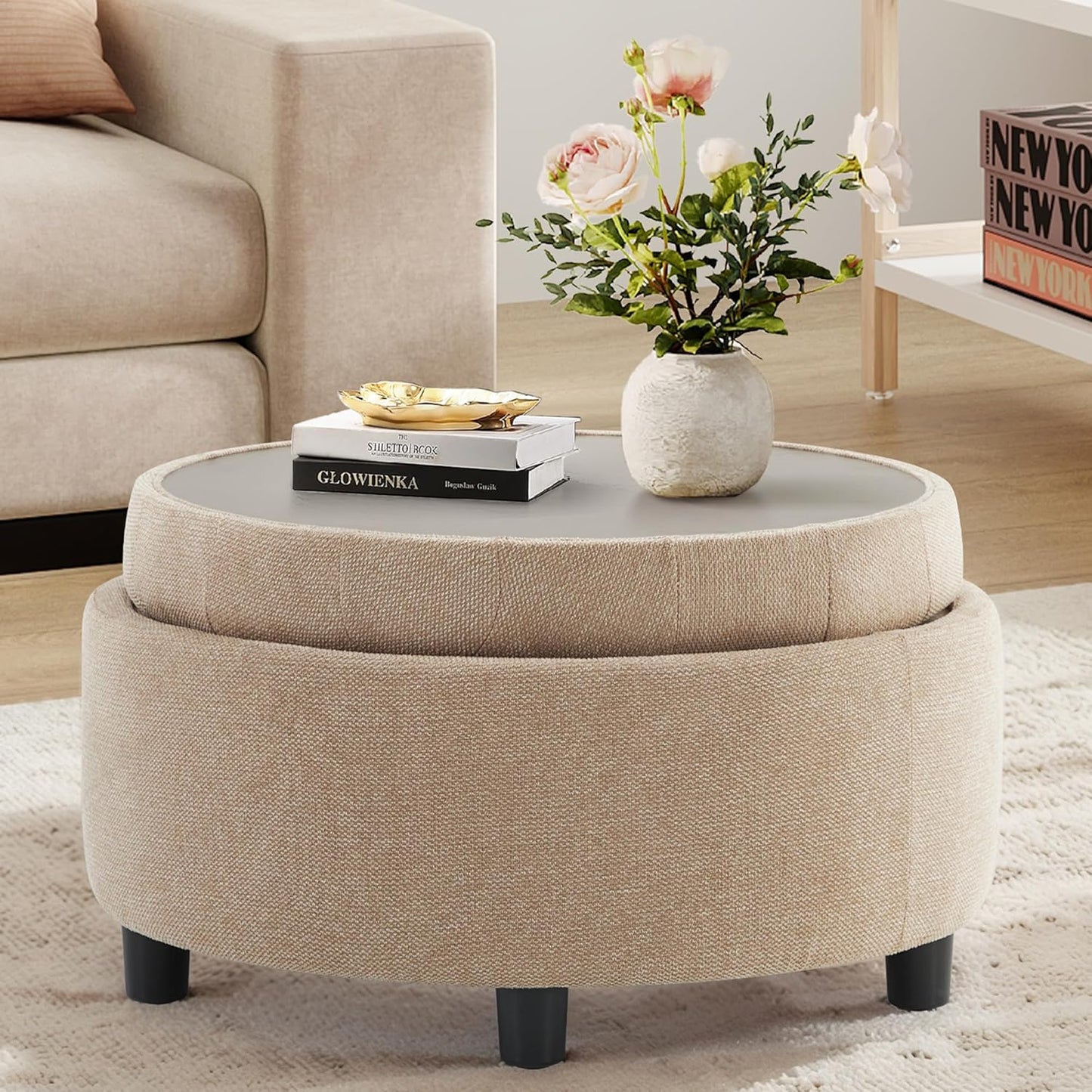 COLAMY Fabric Round Storage Ottoman with Reversible Tray Lid – Multi-Functional Footrest, Hidden Storage, Sturdy & Stylish Small Coffee Table for Living Room, Bedroom, or Entryway(Camel)