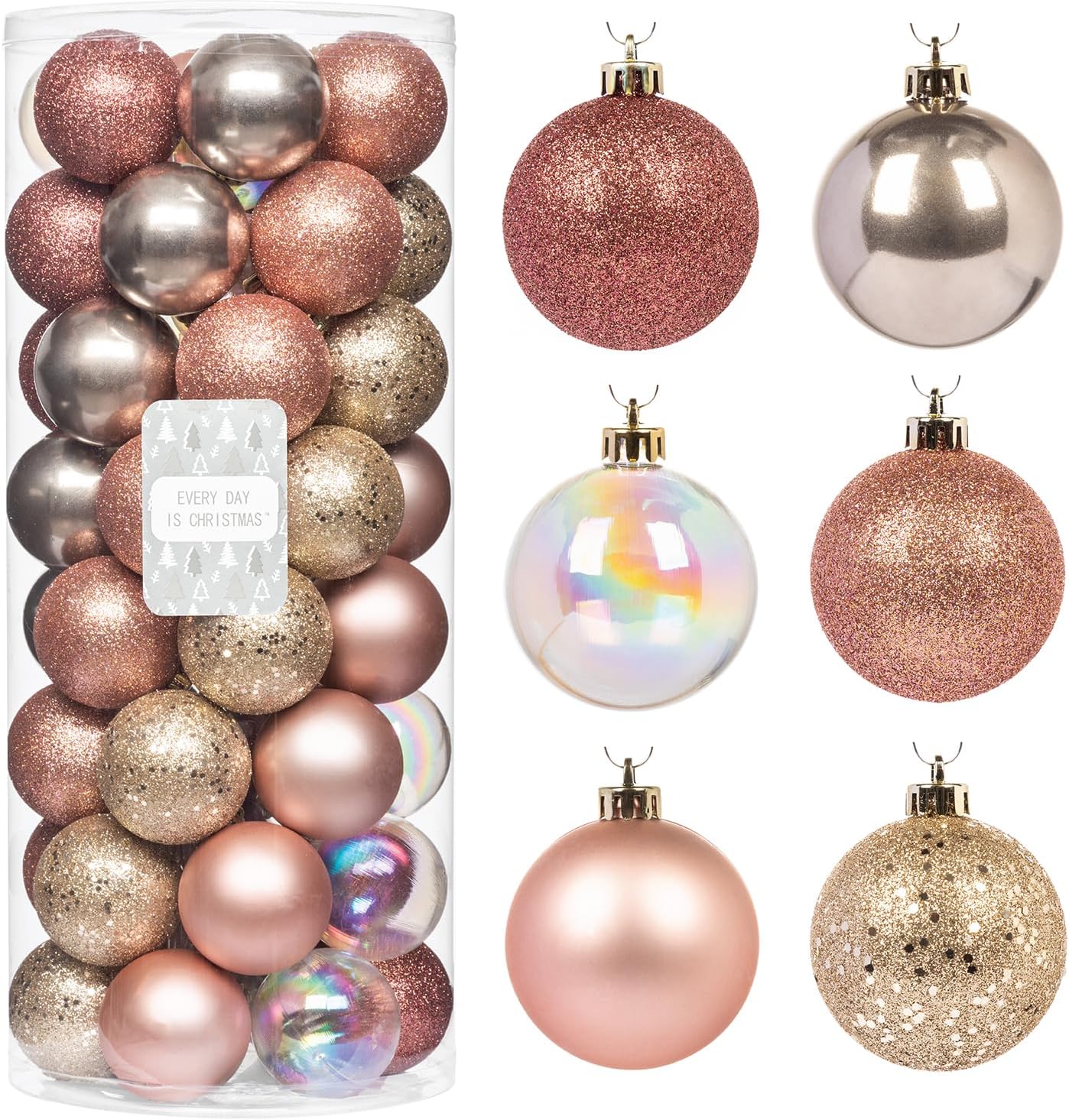 Every Day is Christmas Ornaments, Shatterproof Christmas Tree Ornament Set, Christmas Balls Decoration 50 Count (2.24"/57mm, Pink Gold)