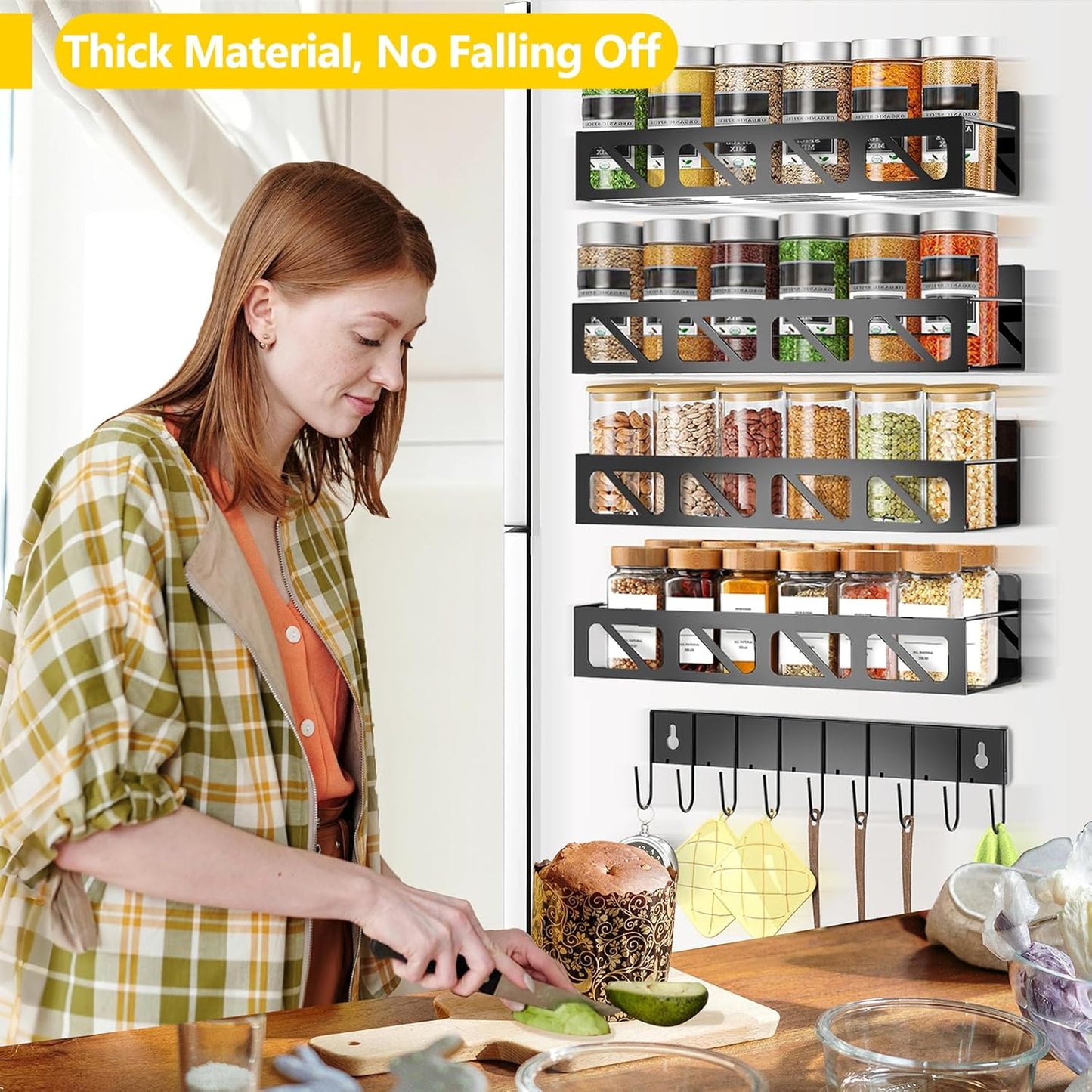 Magnetic Spice Rack Organizer for Fridge Seasoning Organizer for Kitchen storage with Screw or Adhesive Hanging,Magnetic Shelf with Hook for Refrigerator and Oven (Black, 5pack&12pcs)